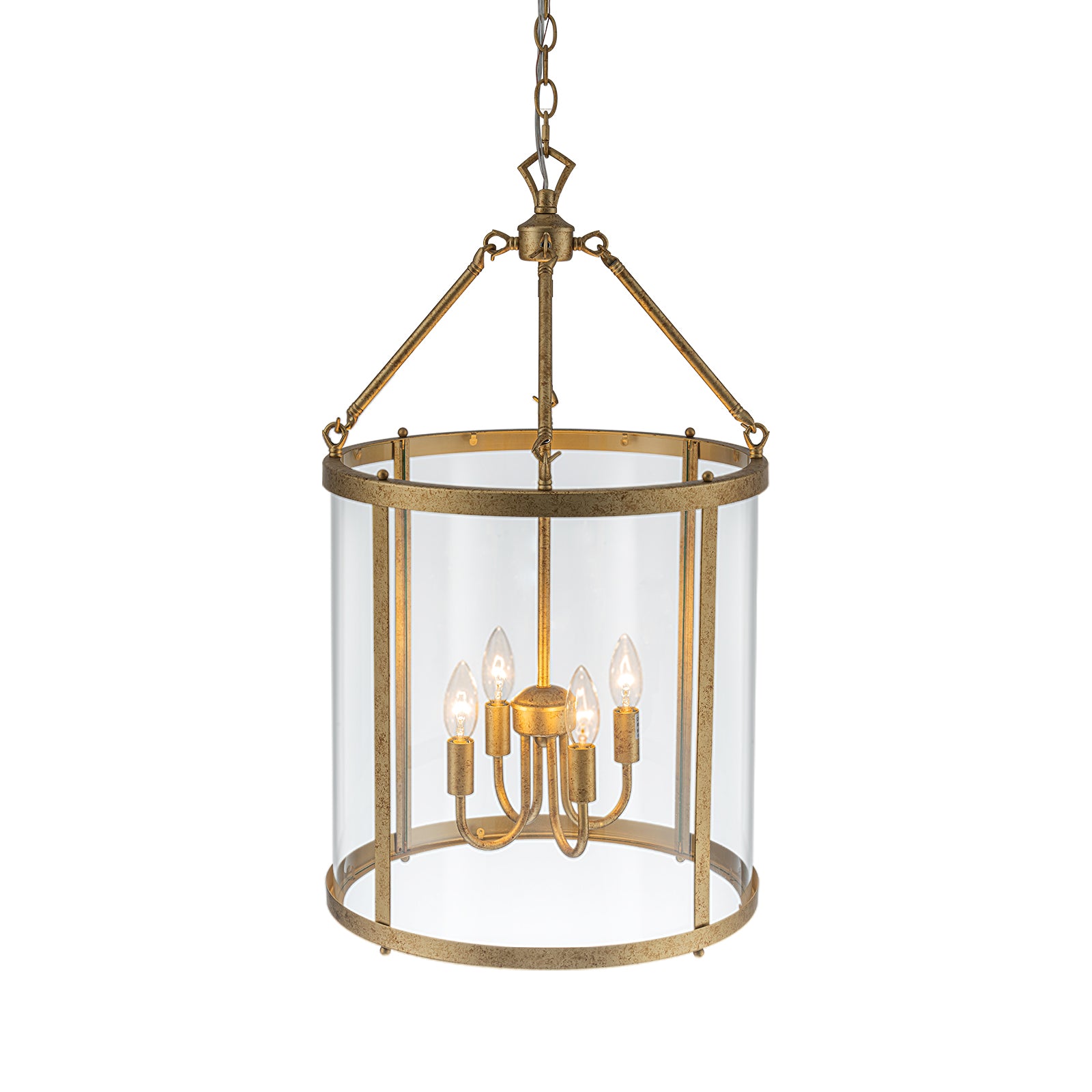 Glowlings 4-Light Vintage 16"Wide Antique Gold/Black Clear Glass Cylinder Lantern Chandelier