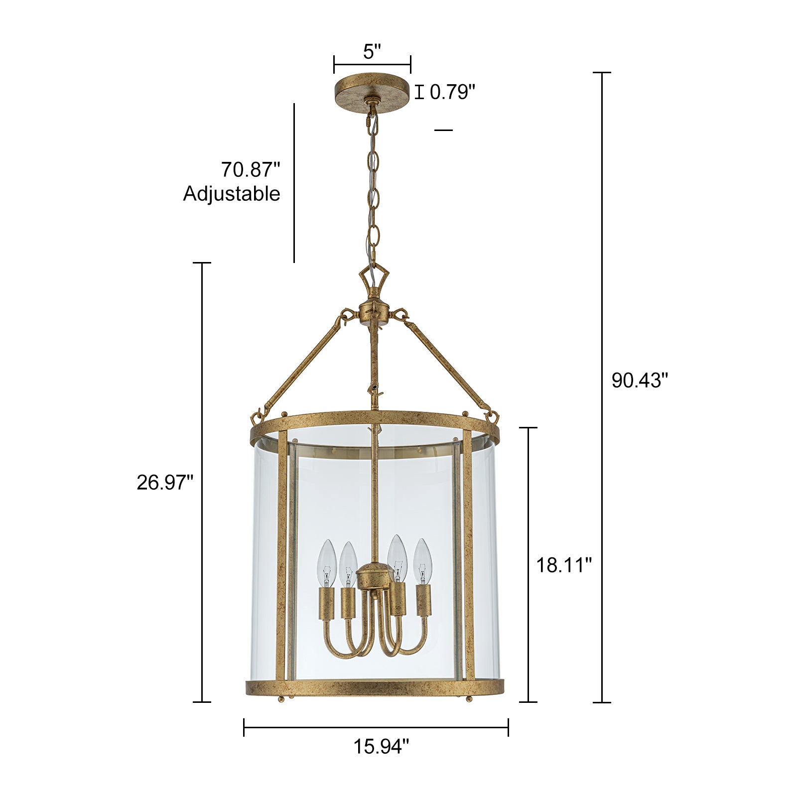 Glowlings 4-Light Vintage 16"Wide Antique Gold/Black Clear Glass Cylinder Lantern Chandelier
