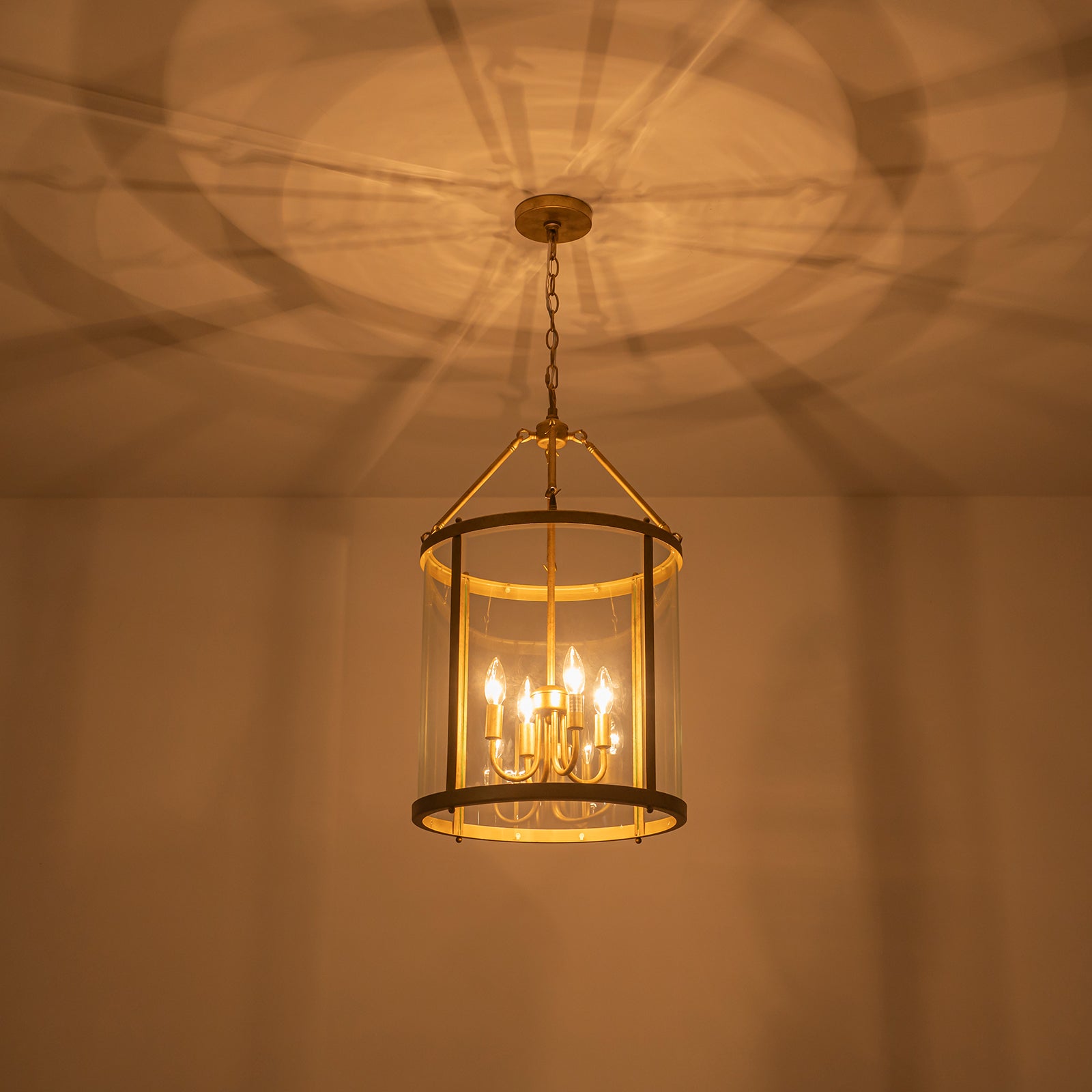 Glowlings 4-Light Vintage 16"Wide Antique Gold/Black Clear Glass Cylinder Lantern Chandelier