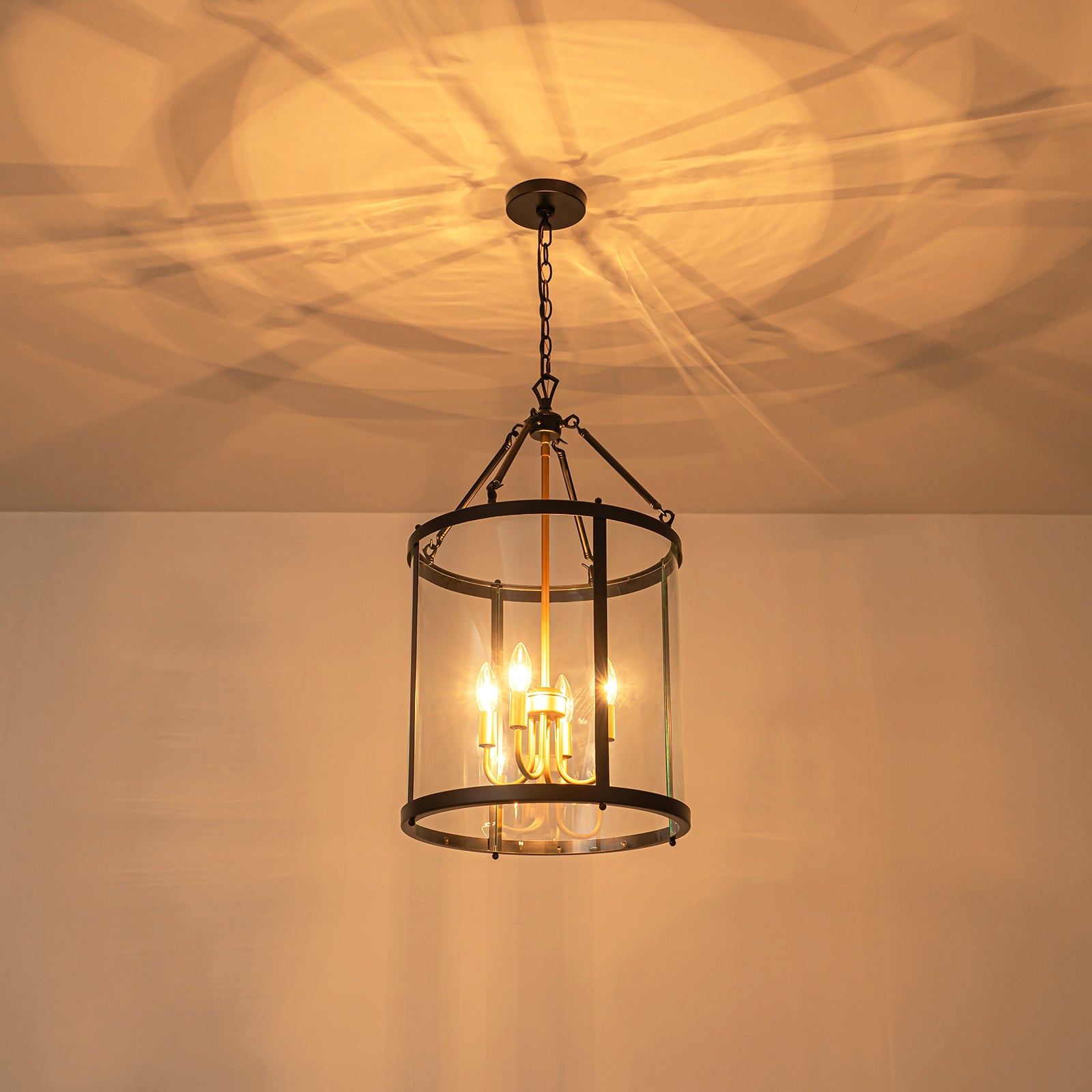Glowlings 4-Light Vintage 16"Wide Antique Gold/Black Clear Glass Cylinder Lantern Chandelier