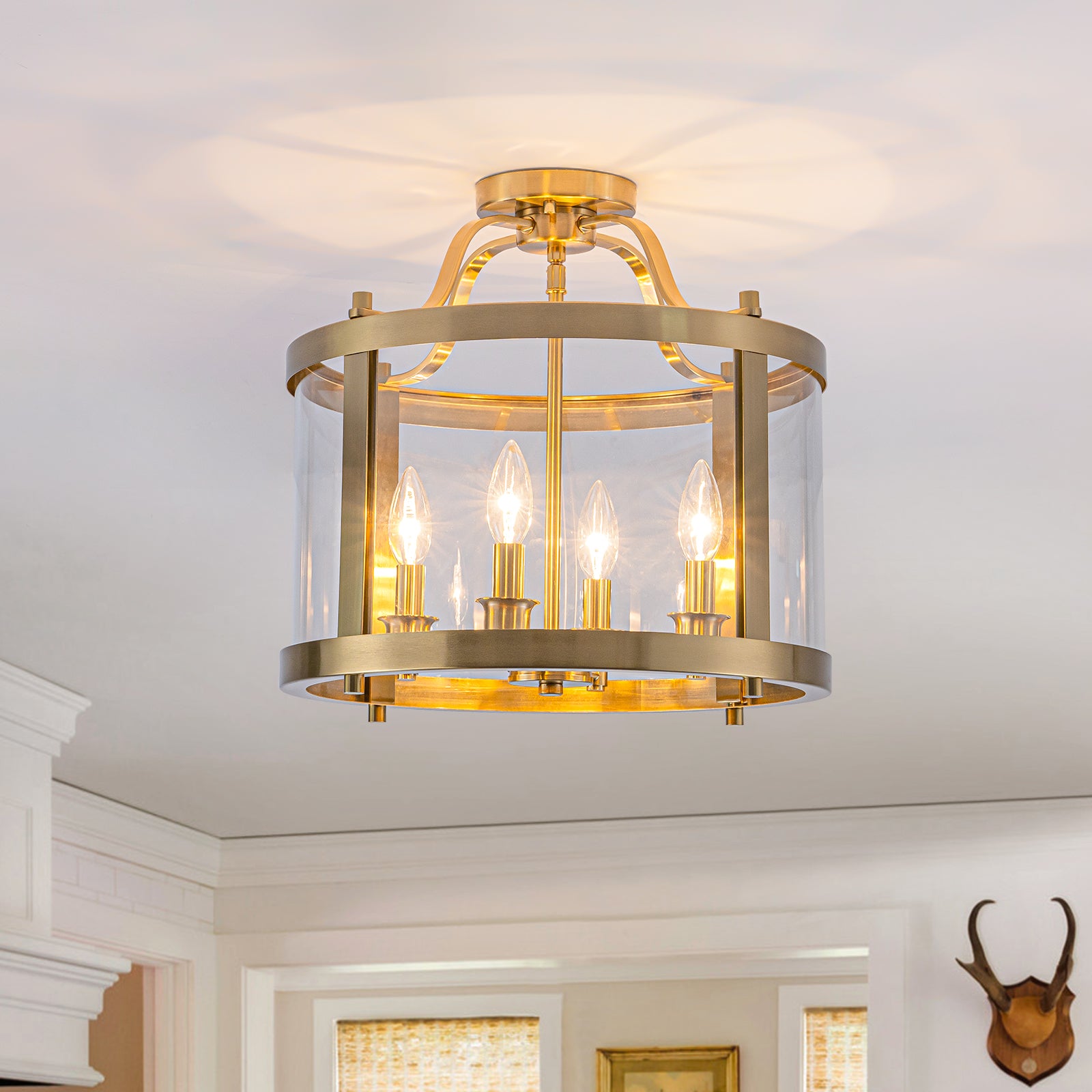 Glowlings 4-Light Vintage 16"Wide Brass Clear Glass Round Semi-Flush Mount Ceiling Light