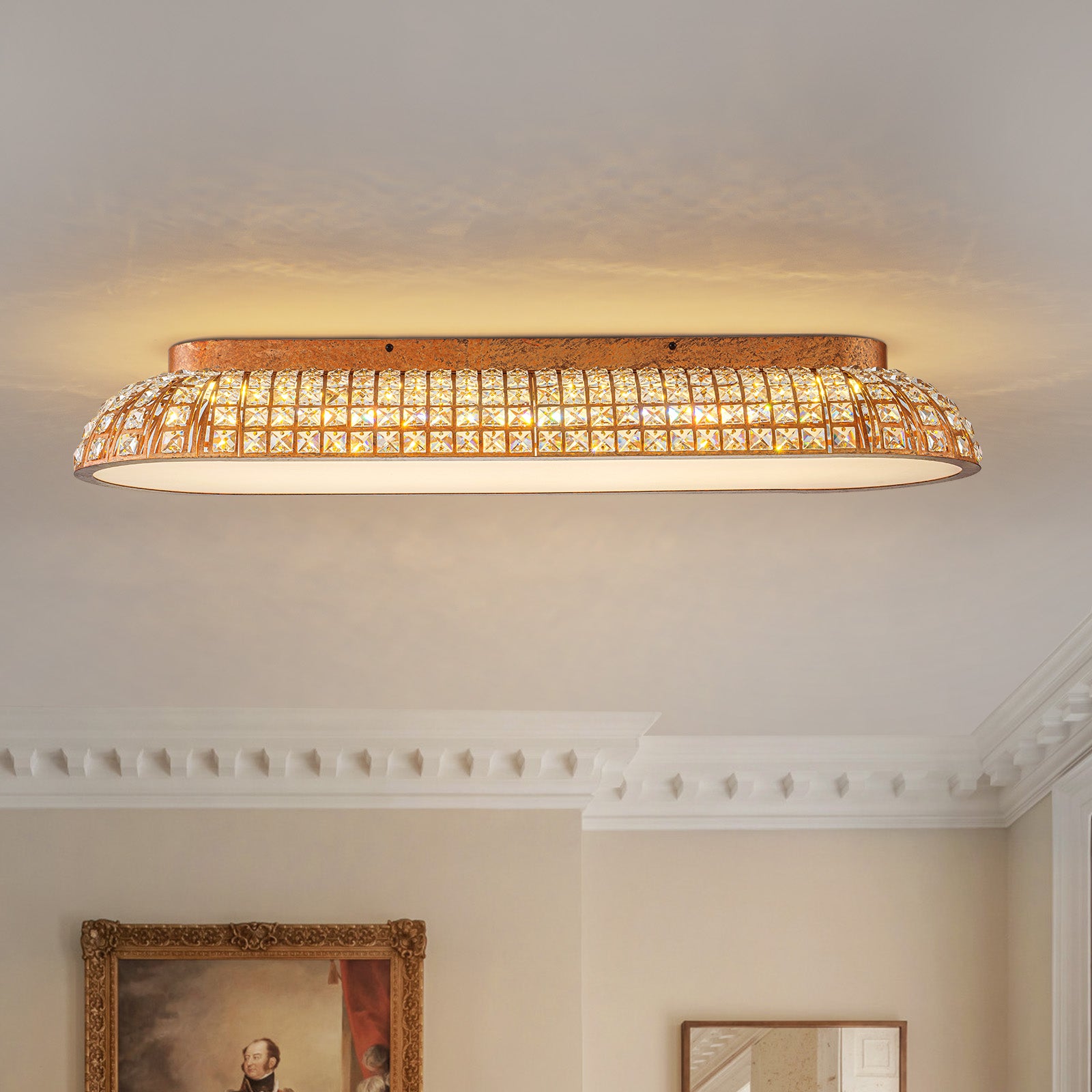 Glowlings 4-Light Vintage 39"Wide Large Antique Brass Linear Dome Crystal LED Flush Mount