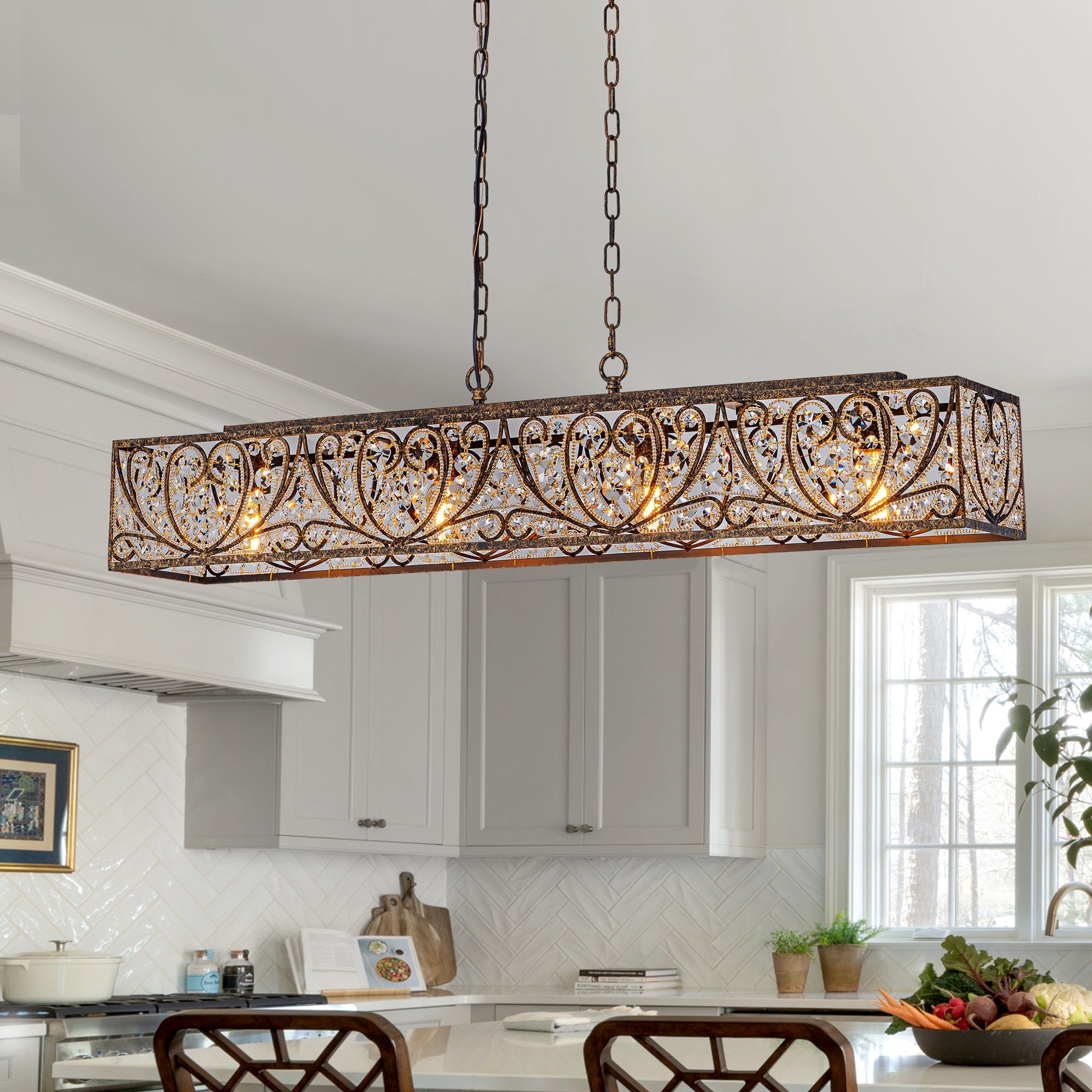 Glowlings 4-Light Vintage 43"Wide Large Antique Bronze Beads Linear Crystal Chandelier