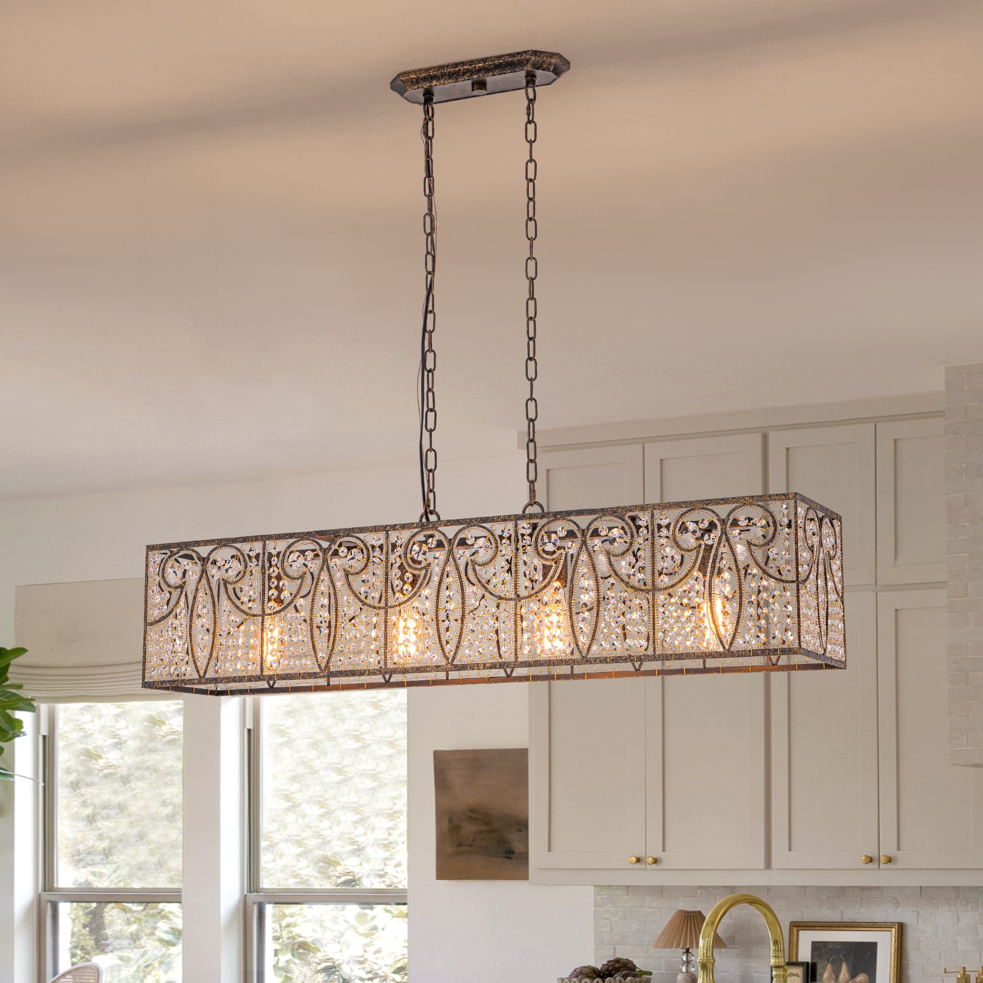 Glowlings 4-Light Vintage 43"Wide Large Antique Bronze Beads Linear Crystal Chandelier