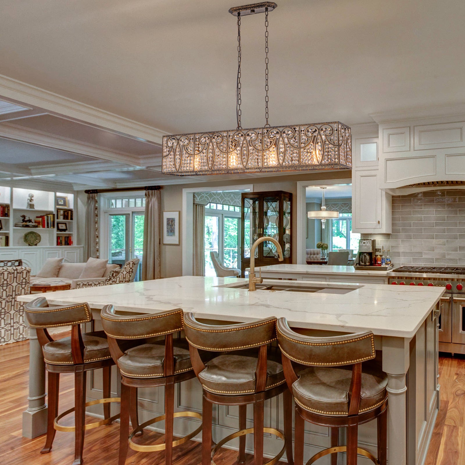 Glowlings 4-Light Vintage 43"Wide Large Antique Bronze Beads Linear Crystal Chandelier