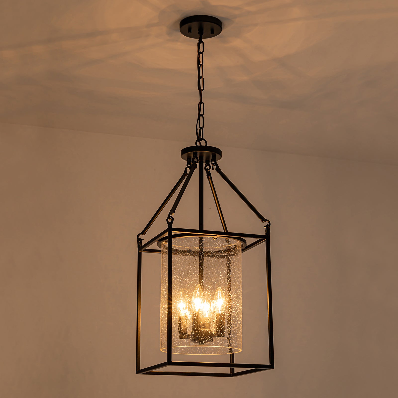 Glowlings 4-Light Vintage Seeded Glass Black Square Rectangle Lantern Chandelier