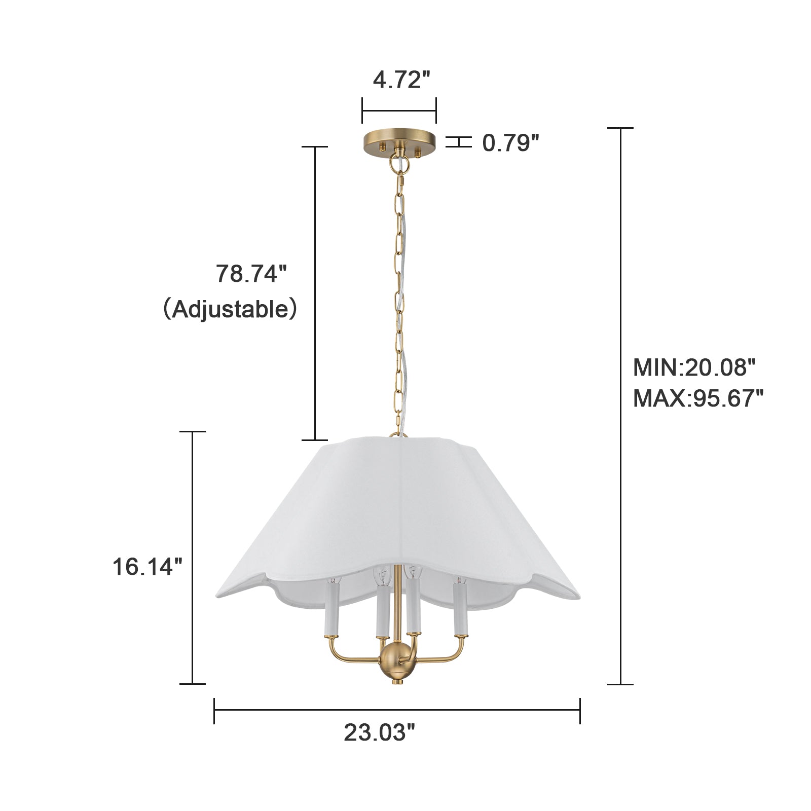 Glowlings French Country Fabric Chandelier - 23" Vintage 4-Light Candle Chandelier, White Scalloped Flower Shape Pendant Light