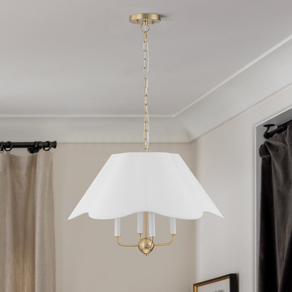 Glowlings 23" French Fabric Chandelier - 4-Light Brass Candle Pendant Light with Scalloped Flower Shade