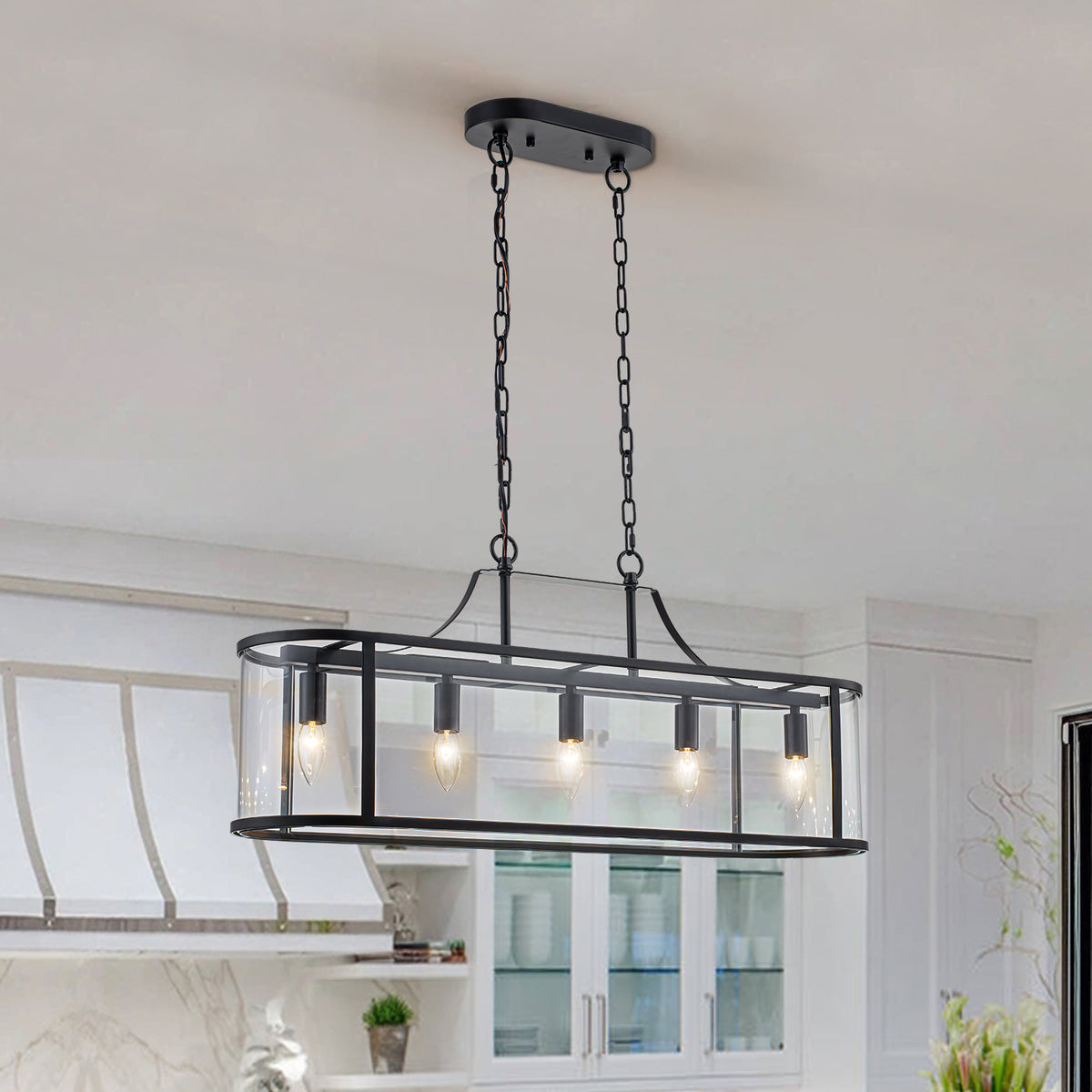 Glowlings 5-Lght Modern 33"Wide Large Black Oval Linear Clear Glass Chandelier