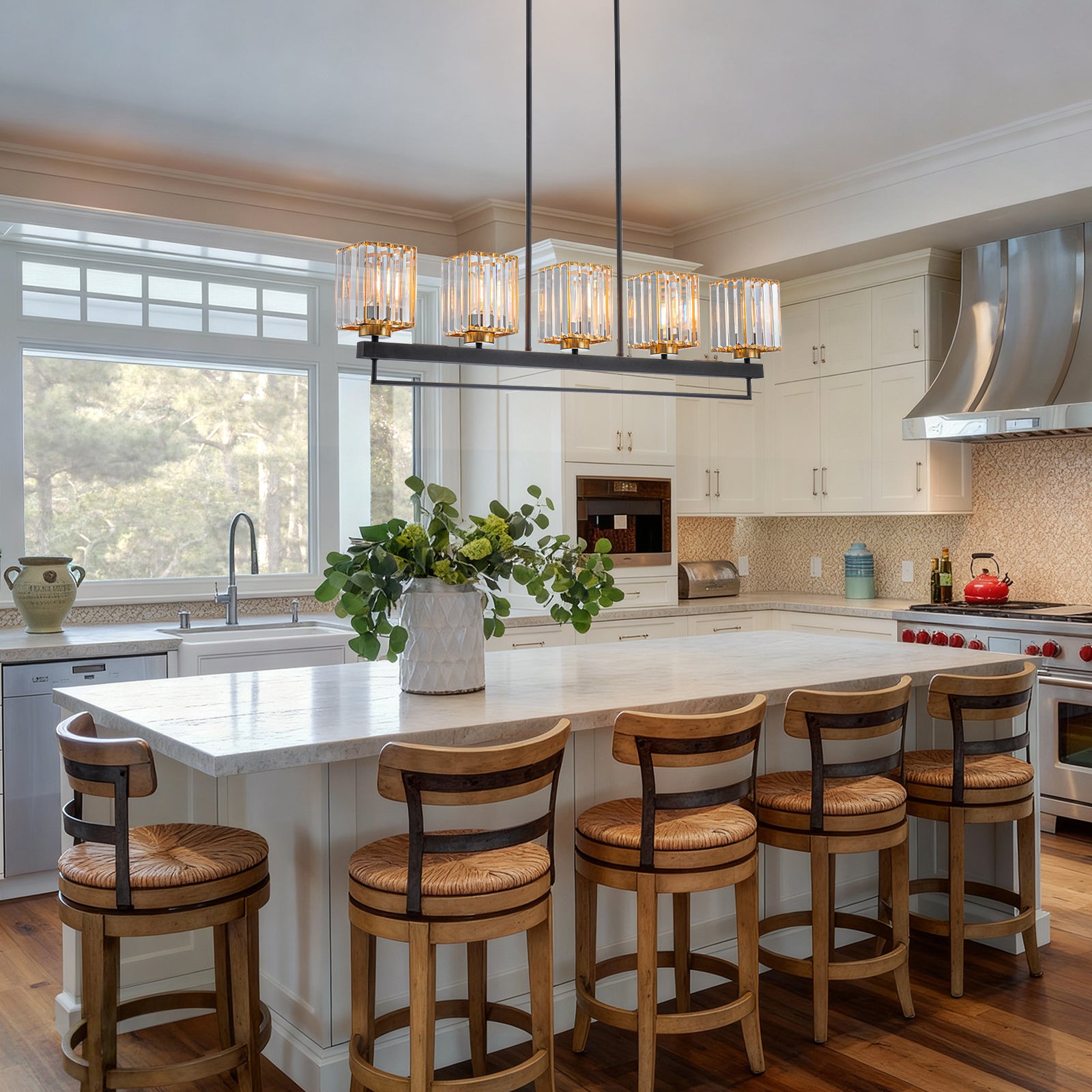 Glowlings 5-flammige, moderne, 99,1 cm breite, große, lineare Kristall-Pendelleuchte, Inselleuchte