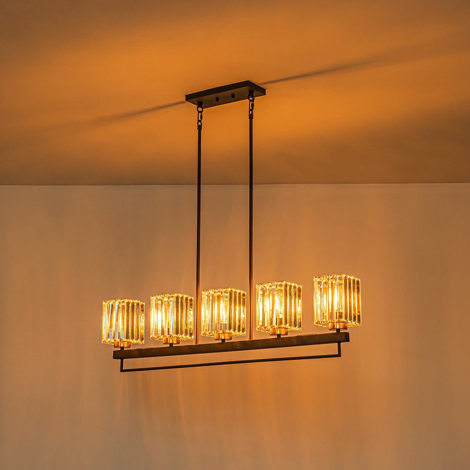 Glowlings 5-flammige, moderne, 99,1 cm breite, große, lineare Kristall-Pendelleuchte, Inselleuchte