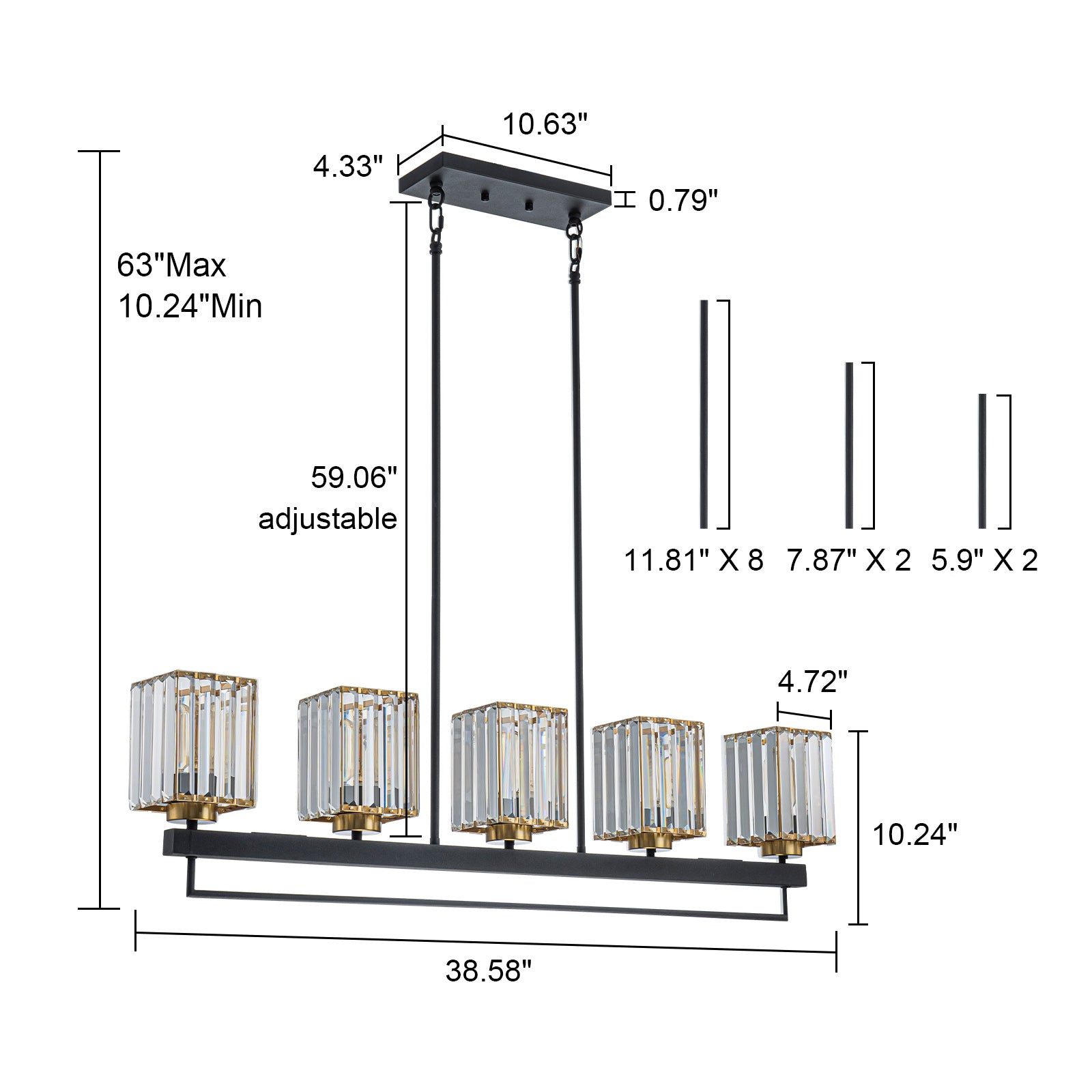 Glowlings 5-flammige, moderne, 99,1 cm breite, große, lineare Kristall-Pendelleuchte, Inselleuchte