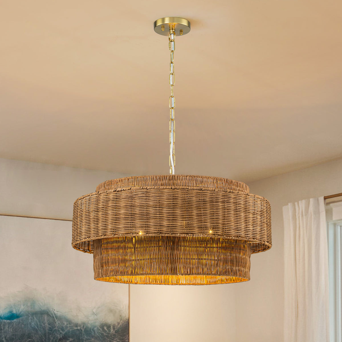 Glowlings 5-Light Boho 24"Wide Large Tiered Natural Woven Rattan Drum Chandelier