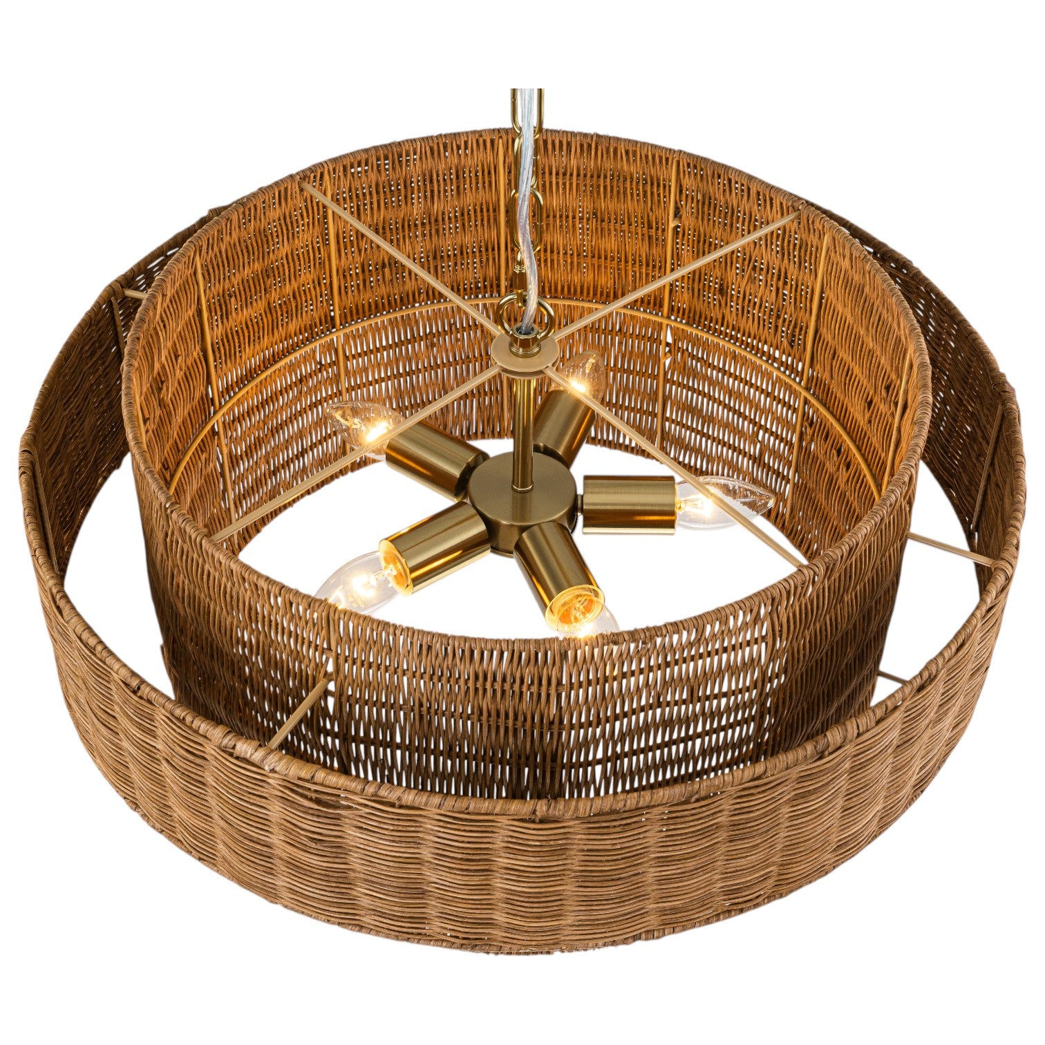 Glowlings 5-Light Boho 24"Wide Large Tiered Natural Woven Rattan Drum Chandelier