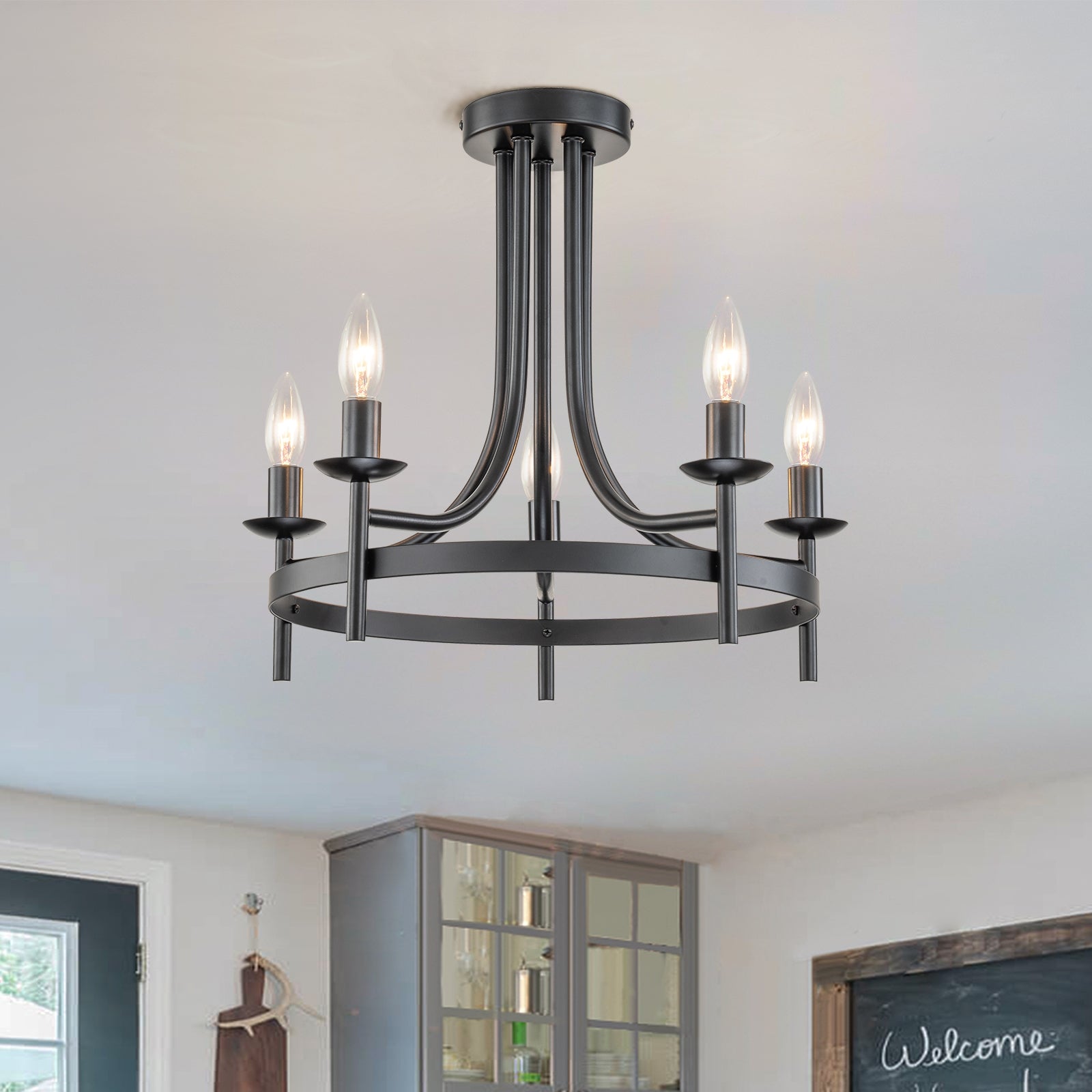 Glowlings 5 Light Classic Wagon Wheel Black Flush Mount for Dining Roo