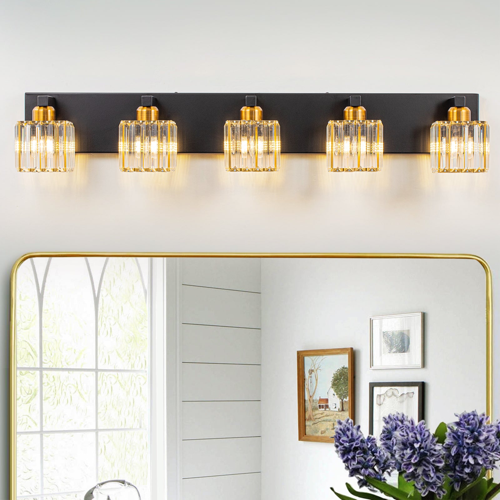 Glowlings Modern 5-Light Crystal Square Bath Vanity Light for Bathroom
