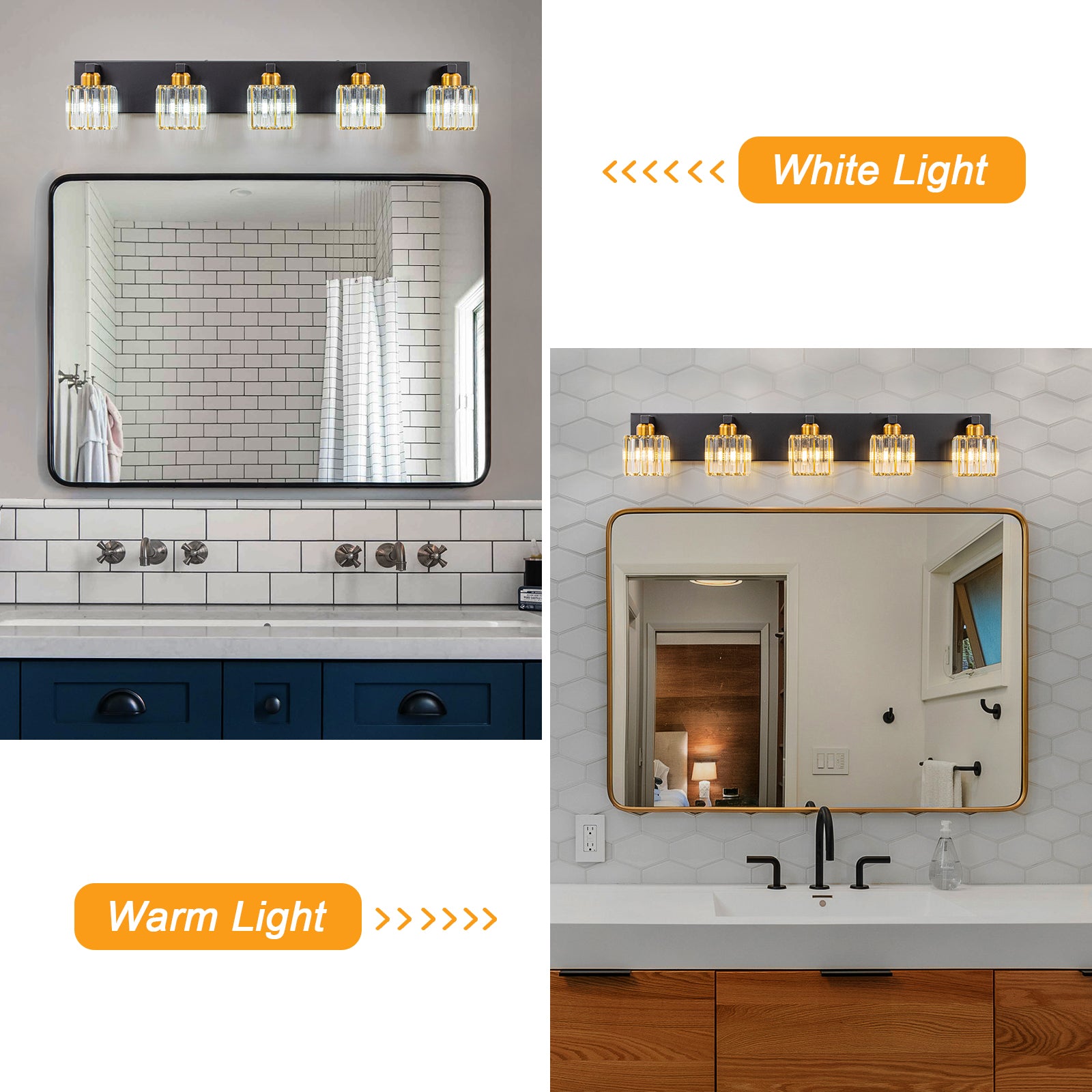 Glowlings Modern 5-Light Crystal Square Bath Vanity Light for Bathroom