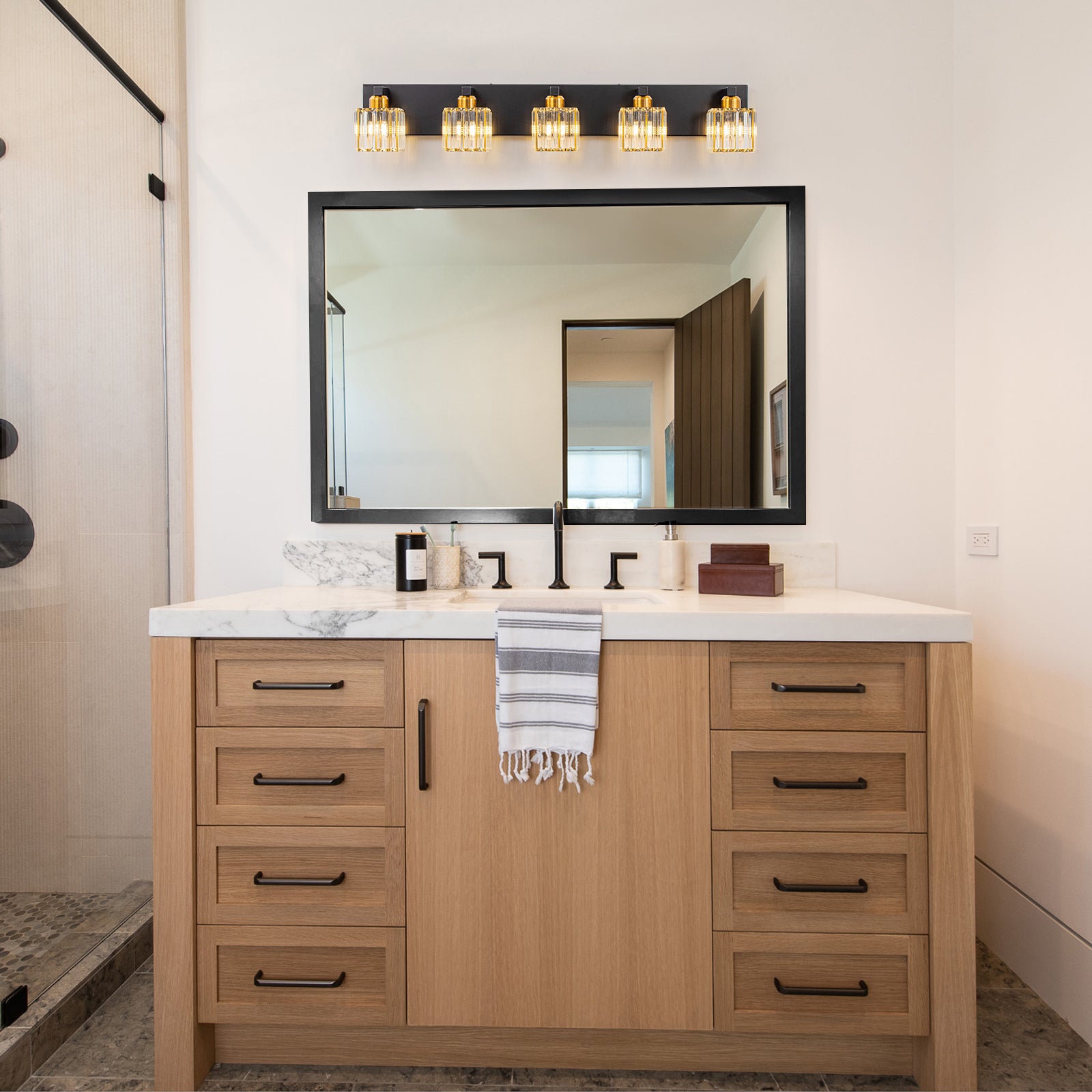 Glowlings Modern 5-Light Crystal Square Bath Vanity Light for Bathroom