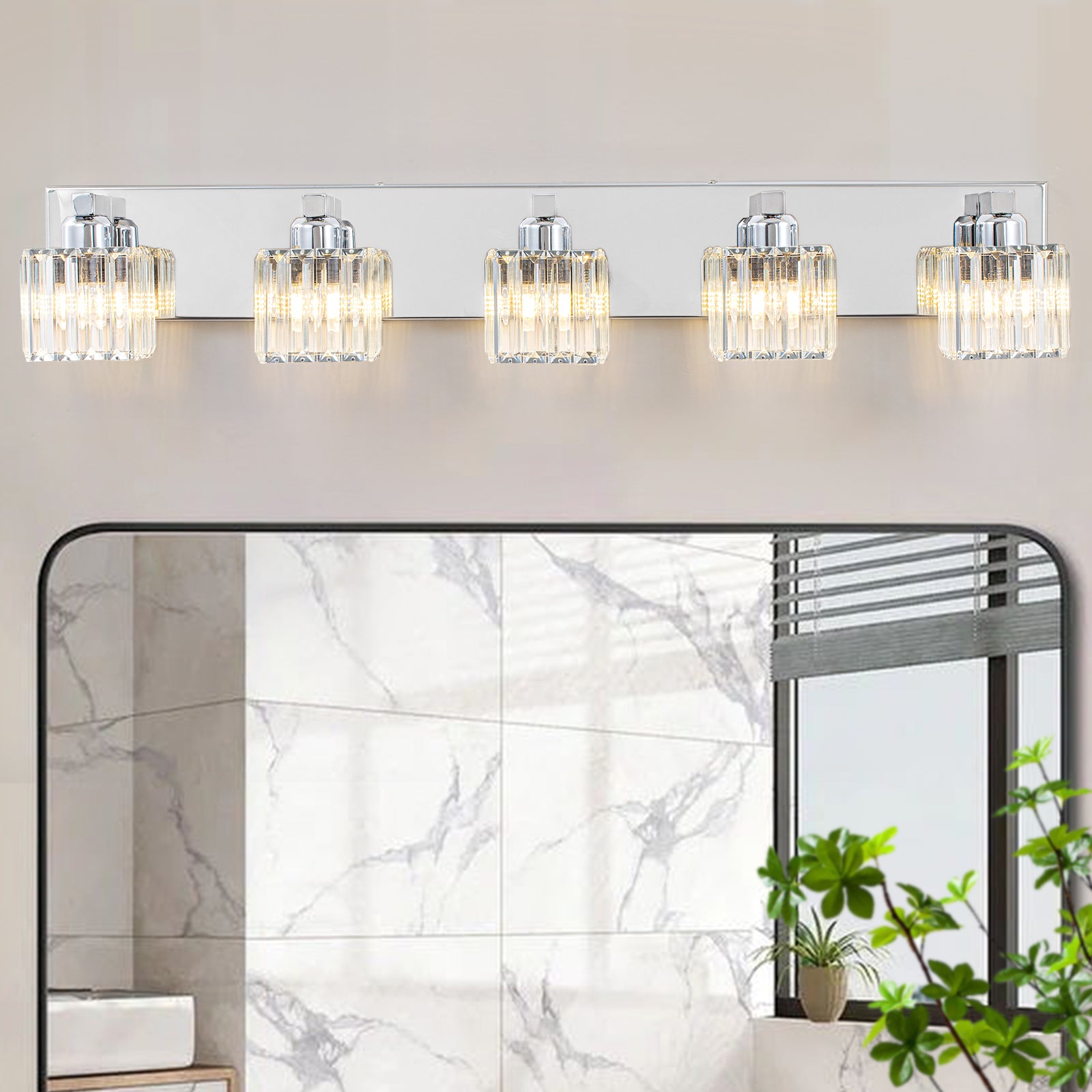 Glowlings Modern 5-Light Crystal Square Bath Vanity Light for Bathroom