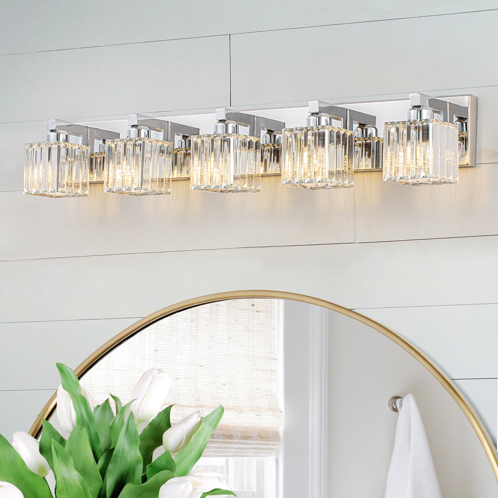Glowlings Modern 5-Light Crystal Square Bath Vanity Light for Bathroom