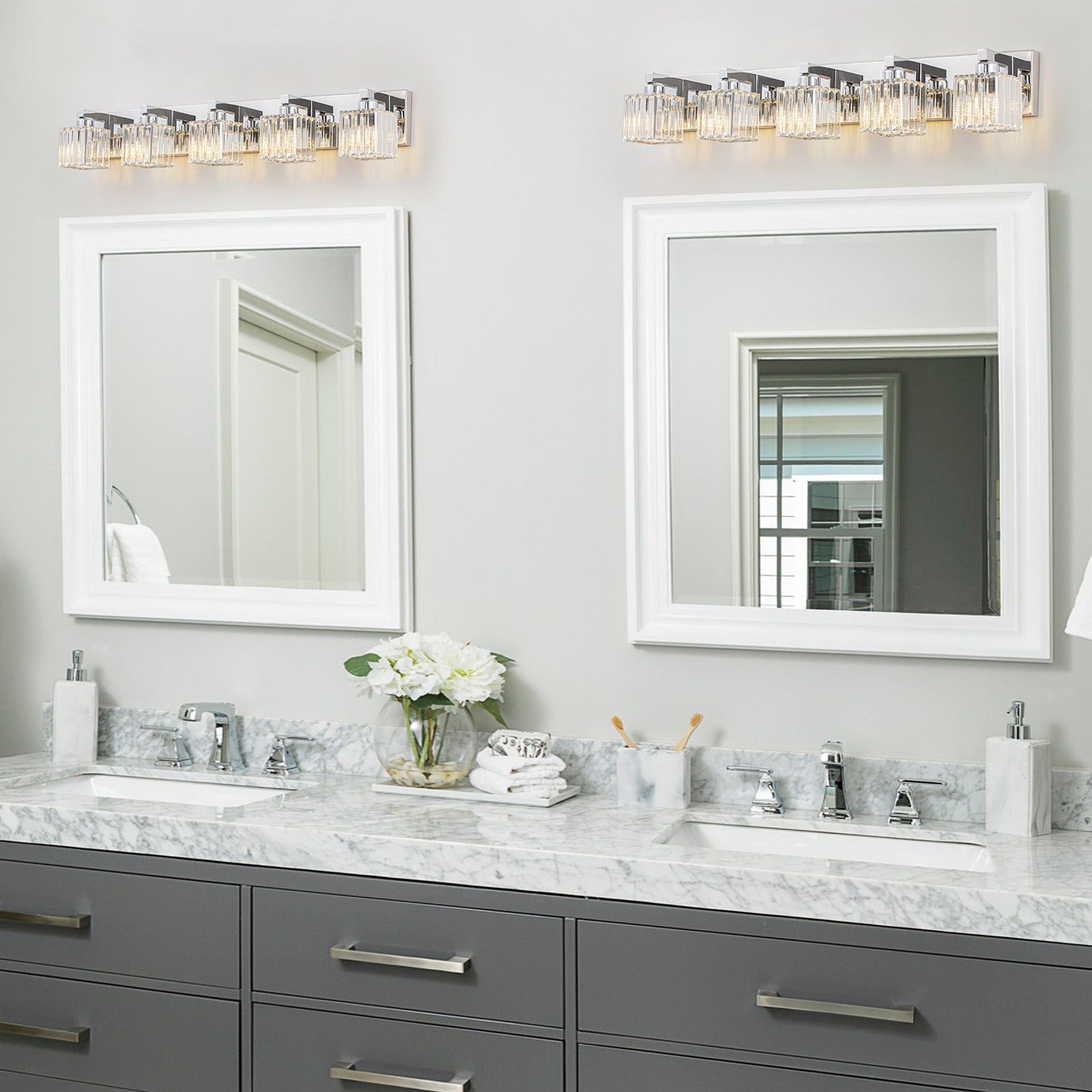 Glowlings Modern 5-Light Crystal Square Bath Vanity Light for Bathroom
