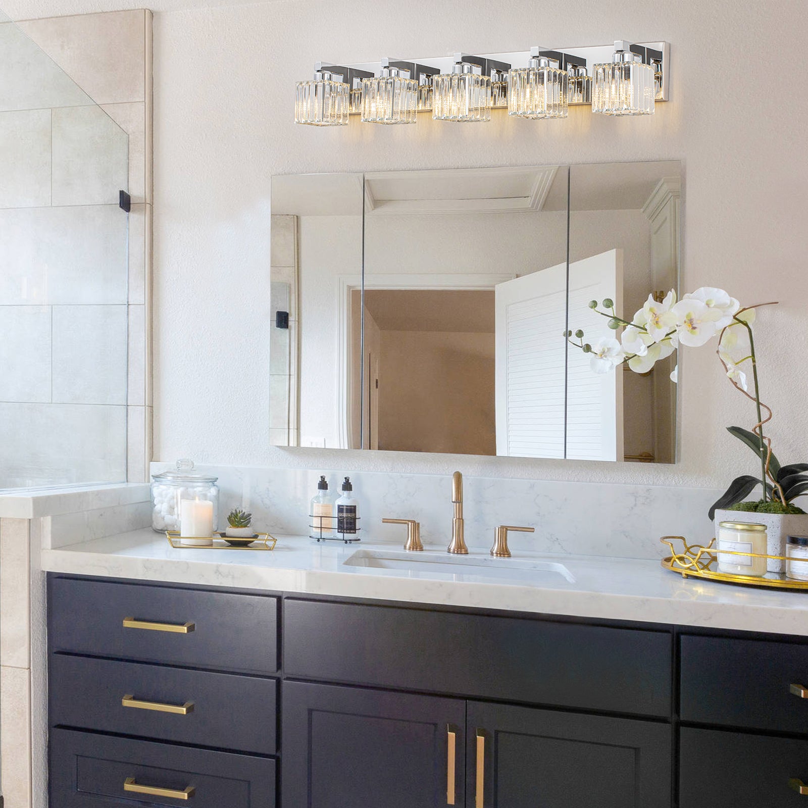 Glowlings Modern 5-Light Crystal Square Bath Vanity Light for Bathroom