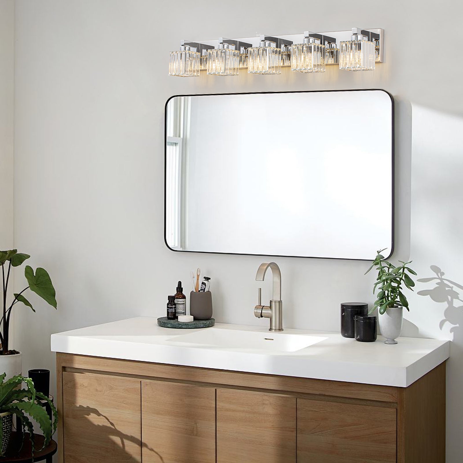 Glowlings Modern 5-Light Crystal Square Bath Vanity Light for Bathroom