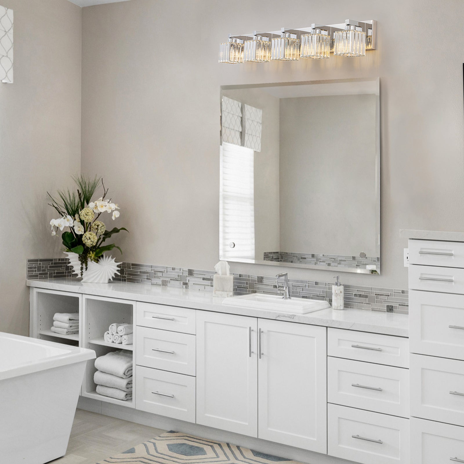 Glowlings Modern 5-Light Crystal Square Bath Vanity Light for Bathroom