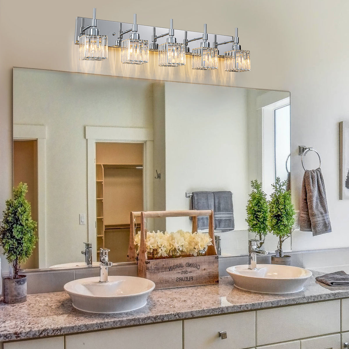 Glowlings 5-Light Dimmable Pole Square Crystal Bath Vanity Light for B