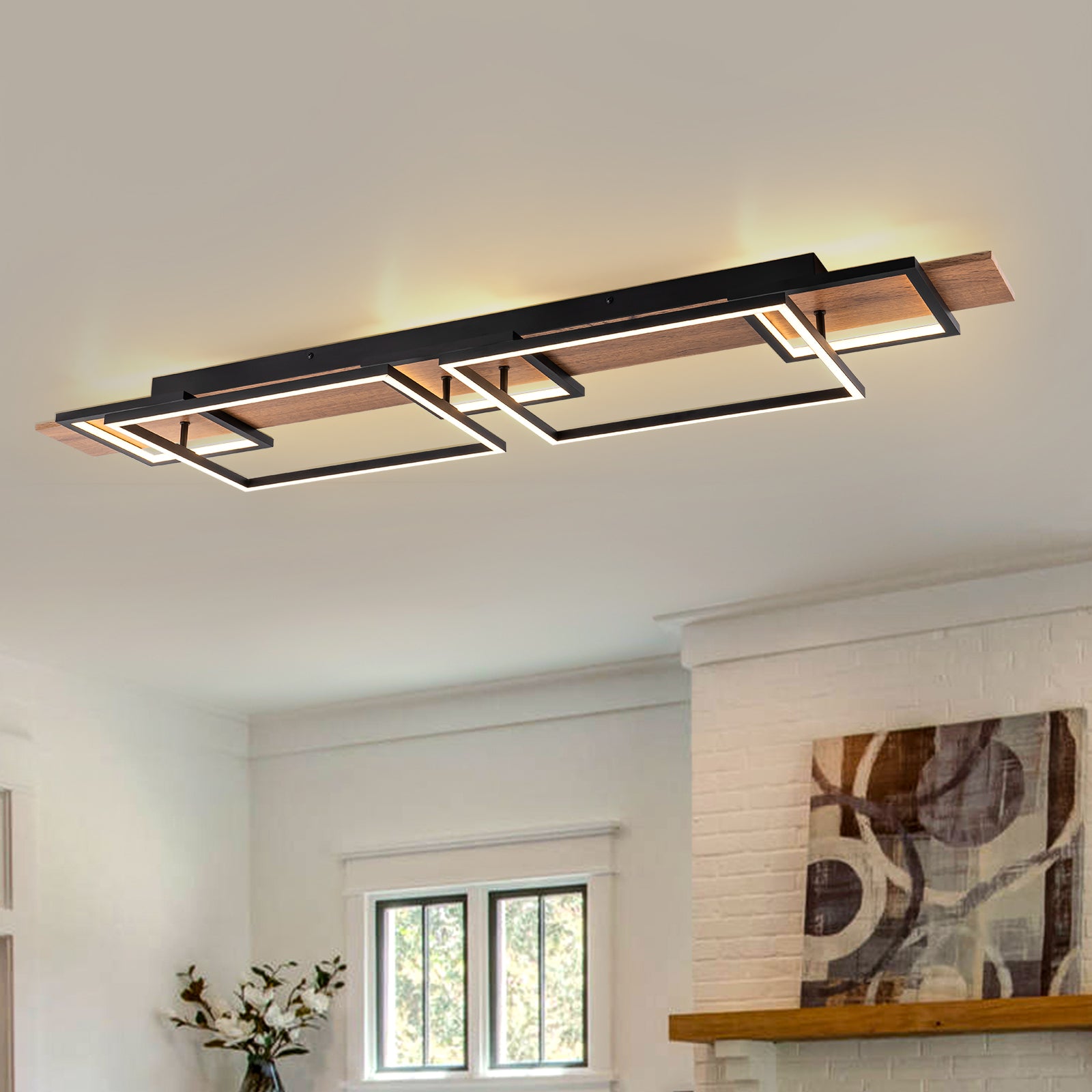 Glowlings 5-Light Farmhouse 50“Wide 2-Tier Rectangle LED Linear Wood Flush Mount Ceiling Light