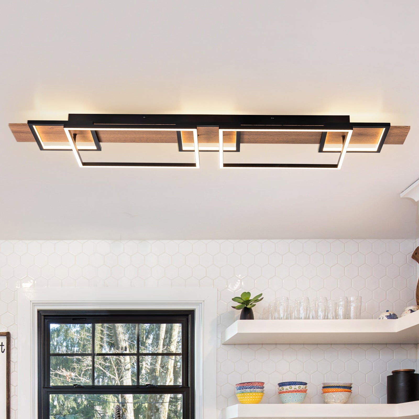 Glowlings 5-Light Farmhouse 50“Wide 2-Tier Rectangle LED Linear Wood Flush Mount Ceiling Light