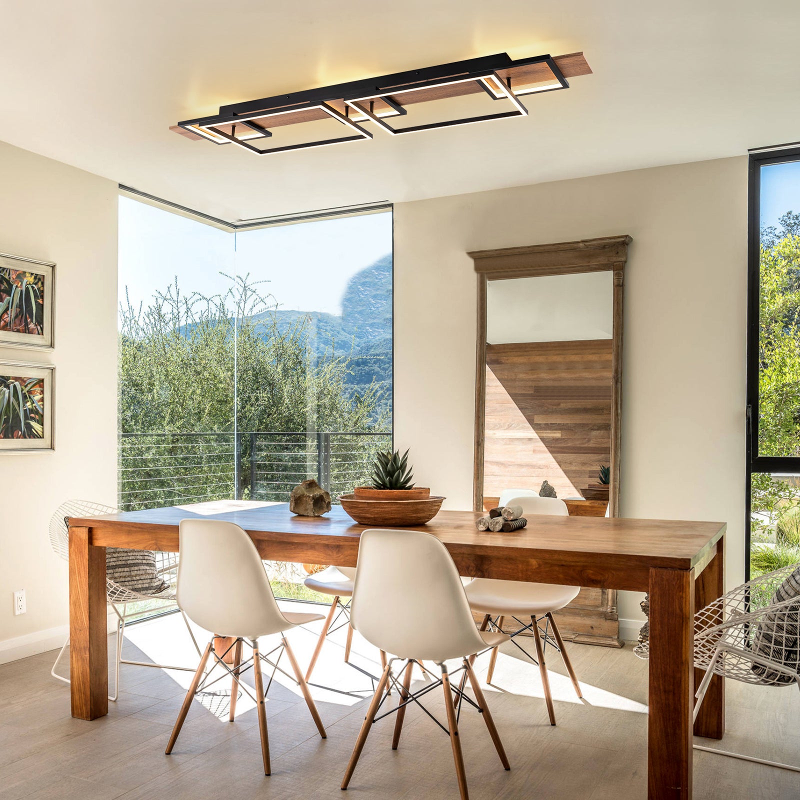 Glowlings 5-Light Farmhouse 50“Wide 2-Tier Rectangle LED Linear Wood Flush Mount Ceiling Light