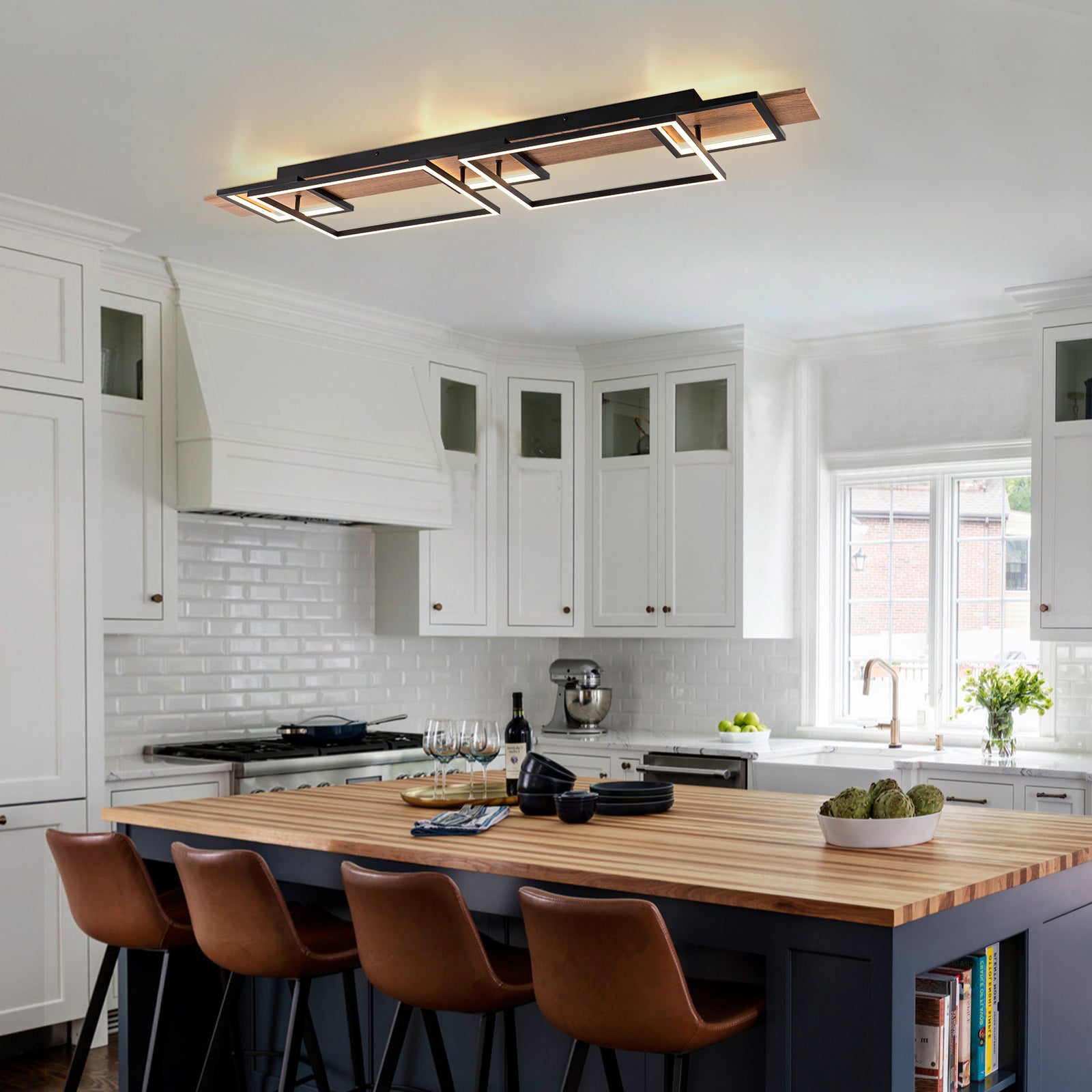 Glowlings 5-Light Farmhouse 50“Wide 2-Tier Rectangle LED Linear Wood Flush Mount Ceiling Light