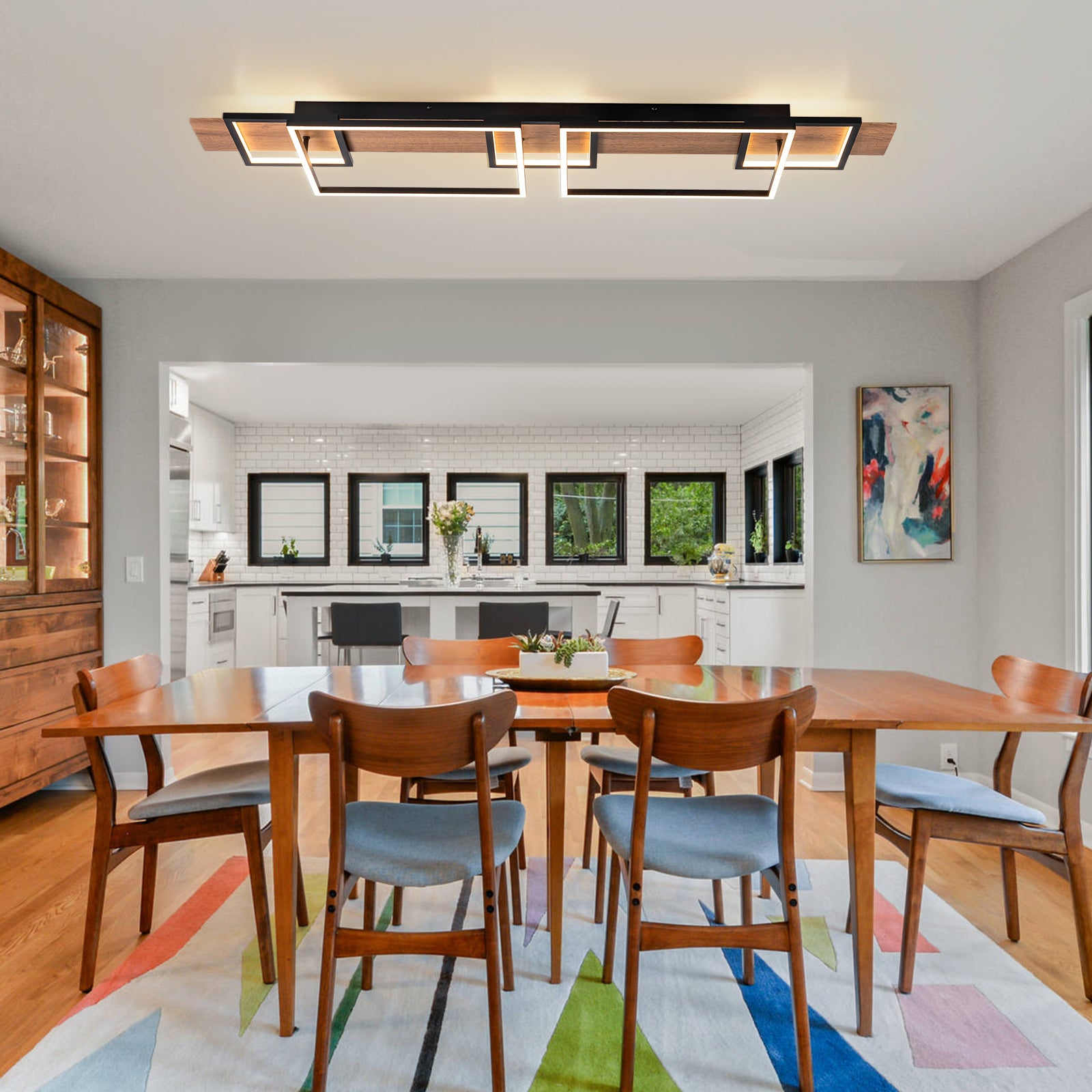 Glowlings 5-Light Farmhouse 50“Wide 2-Tier Rectangle LED Linear Wood Flush Mount Ceiling Light