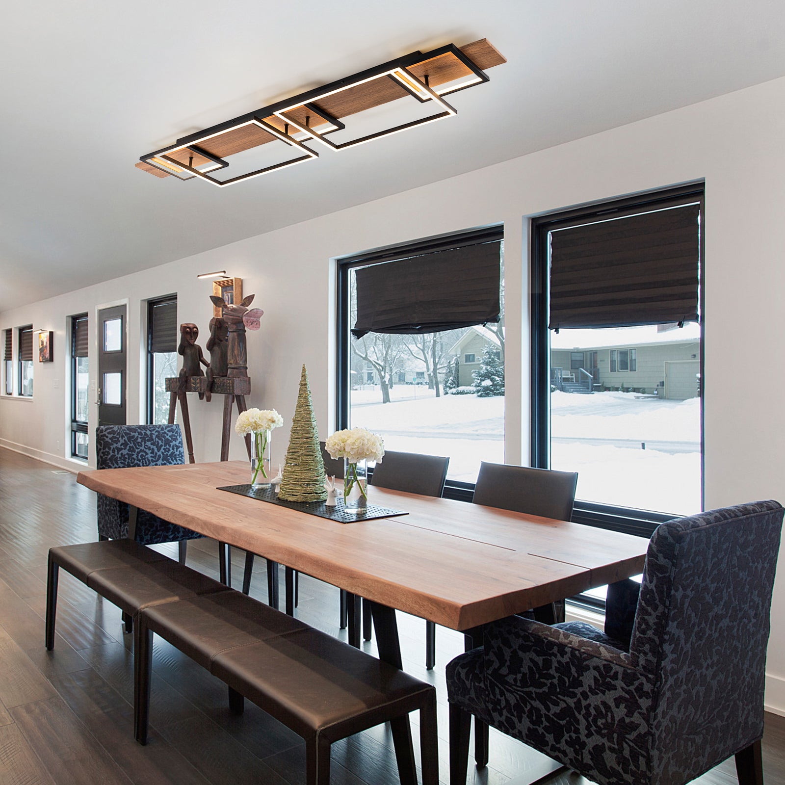 Glowlings 5-Light Farmhouse 50“Wide 2-Tier Rectangle LED Linear Wood Flush Mount Ceiling Light