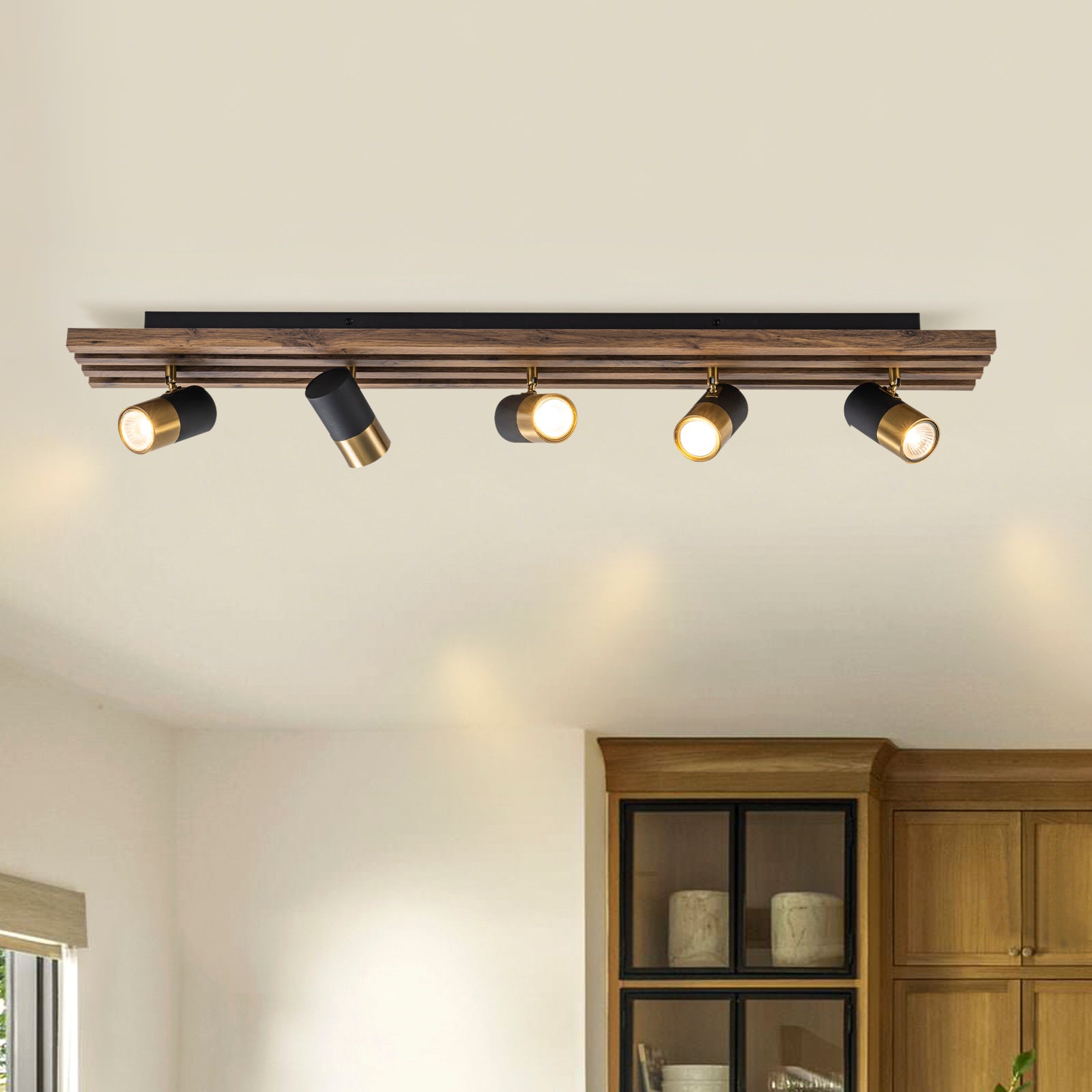 Glowlings 5-Light Farmhouse 40"Wide Linear Wood Flush Mount Spotlight LED Track Light Kit