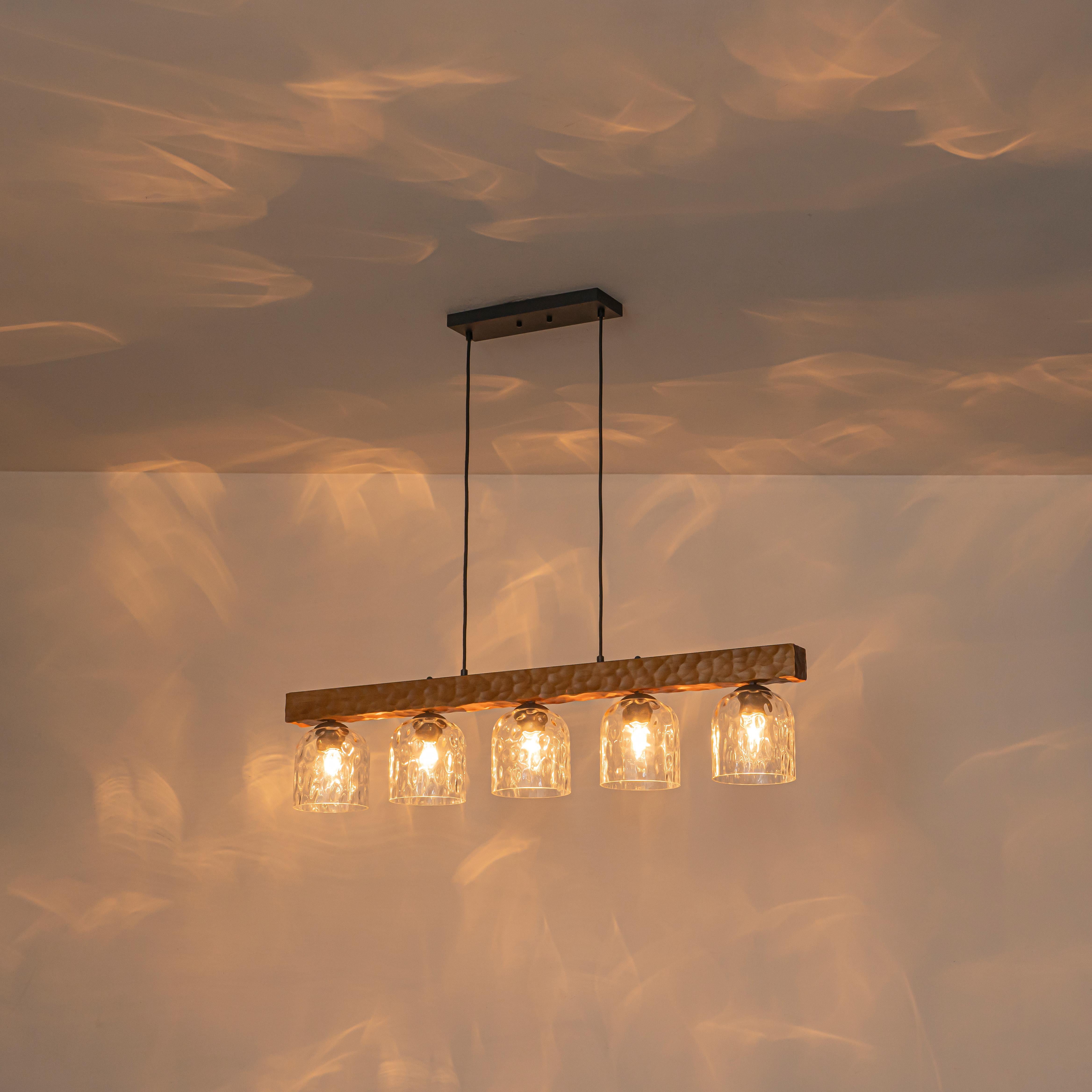 Glowlings 5-Light Farmhouse 43"Wide Large Wooden Hammered Clear Glass Linear Pendant Light
