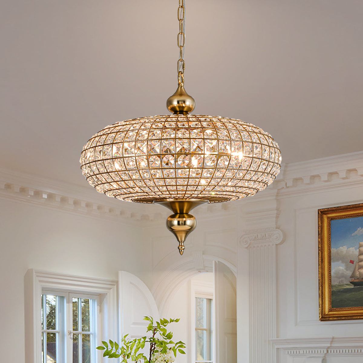 Glowlings 20" 5-Light Vintage Crystal Chandelier, Antique Brass Globe Pendant Light Fixture, Luxury Handmade Cut Crystal Hanging Ceiling Lamp