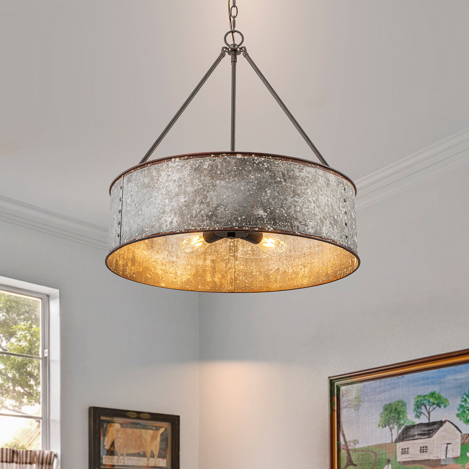 Glowlings 5-Light Industrial 24"Wide Distressed Zinc Galvanized Metal Drum Pendant Light