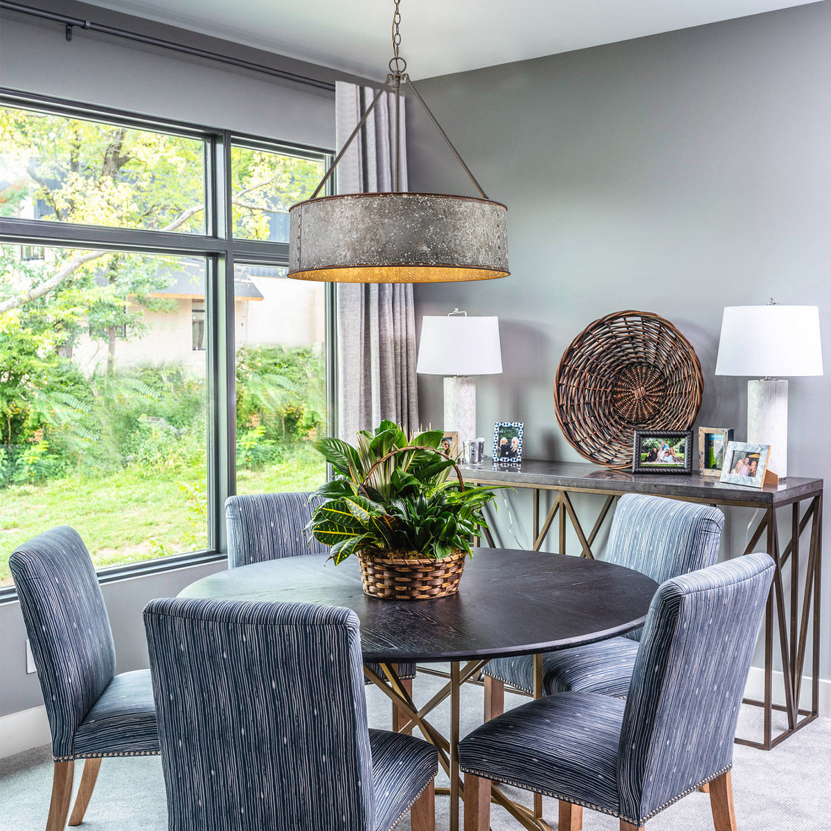Glowlings 5-Light Industrial 24"Wide Distressed Zinc Galvanized Metal Drum Pendant Light