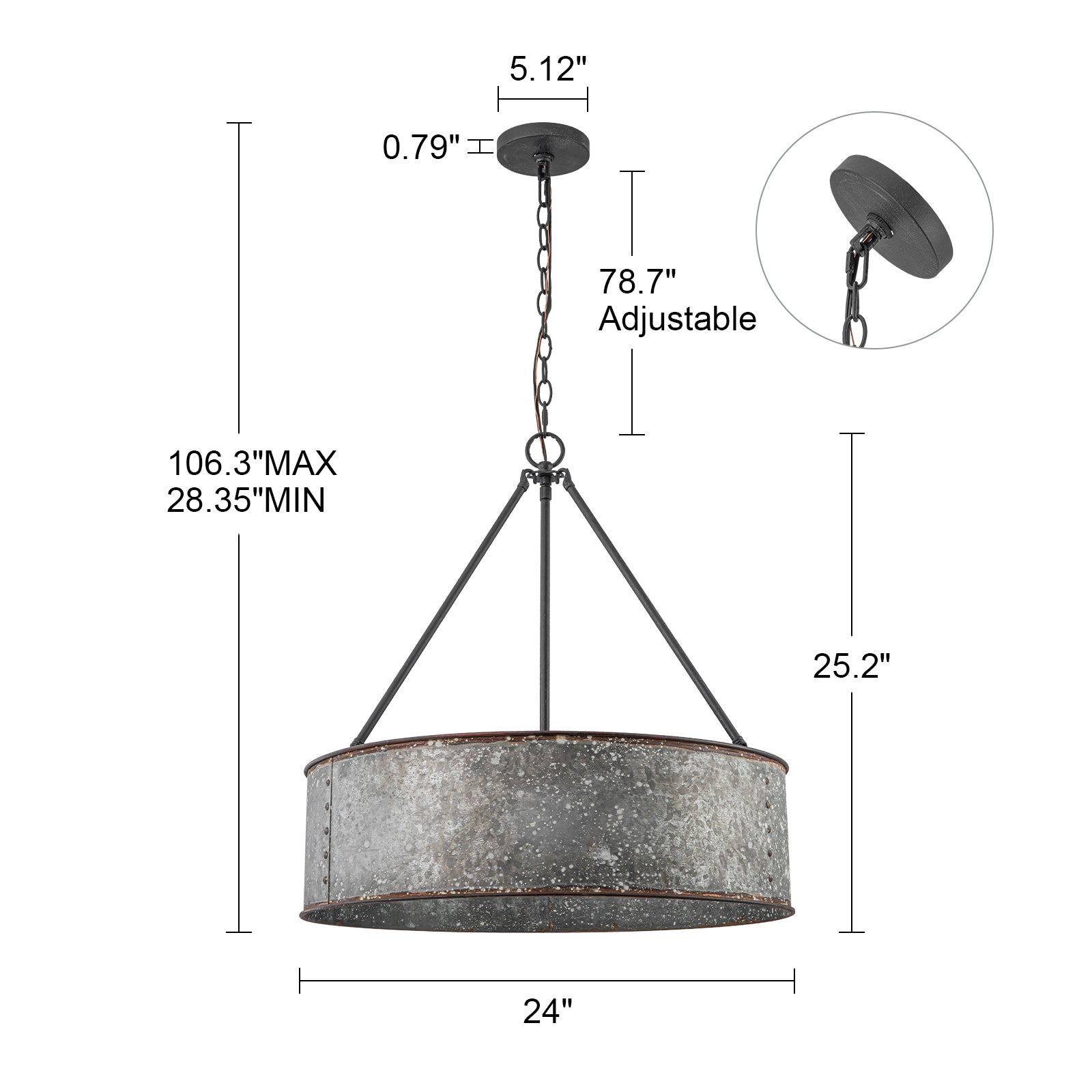 Glowlings 5-Light Industrial 24"Wide Distressed Zinc Galvanized Metal Drum Pendant Light