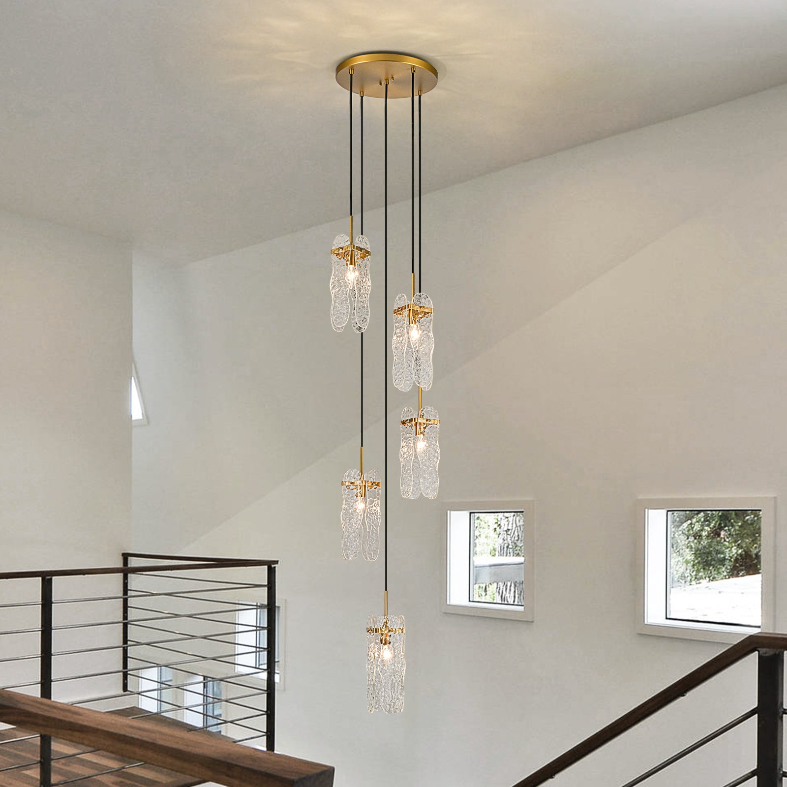 Glowlings 5-Light Luxury Brass Textured Clear Glass Pendant Light Foyer Chandelier