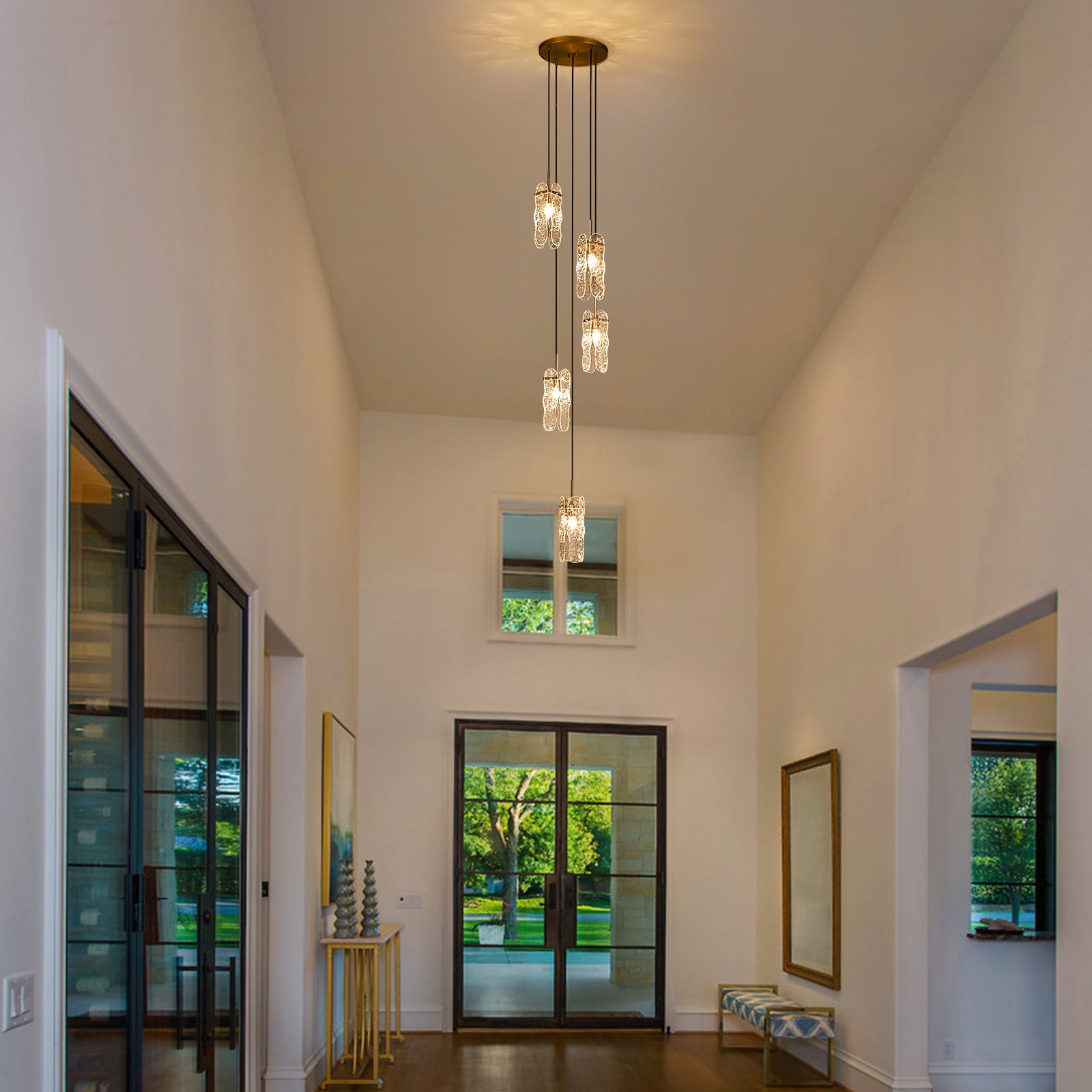 Glowlings 5-Light Luxury Brass Textured Clear Glass Pendant Light Foyer Chandelier
