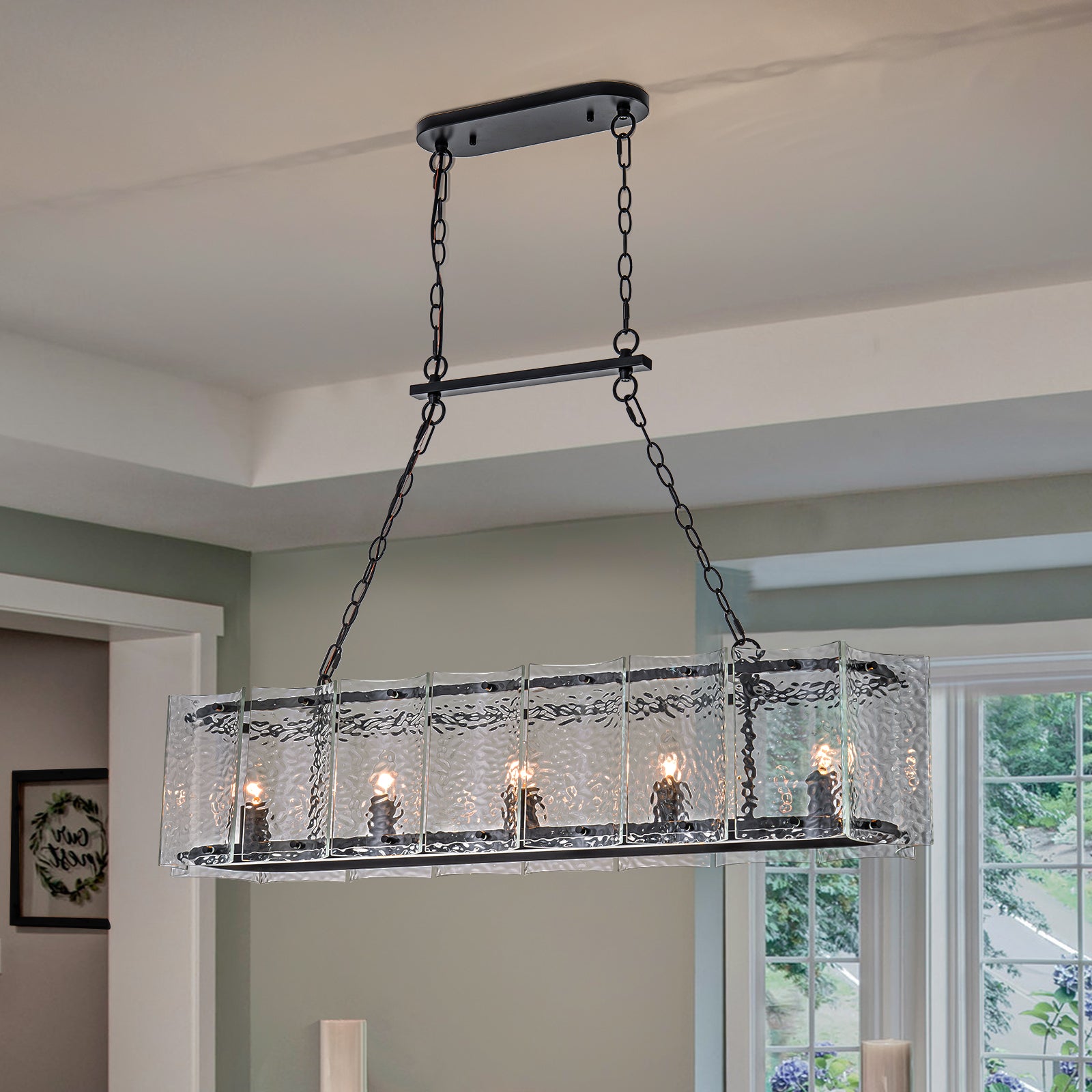 Glowlings 5-Light Modern 44"Wide Large Matte Black Linear Textured Water Ripple Glass Chandelier Islands Light