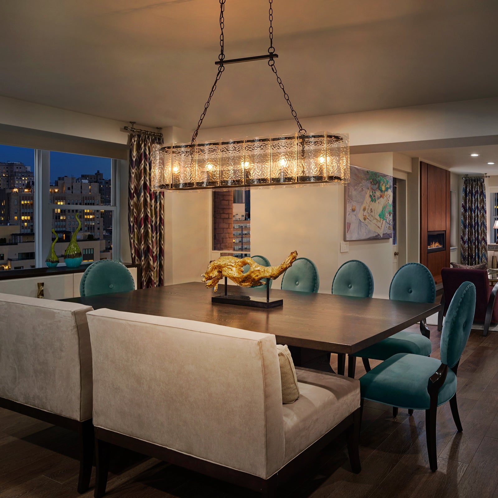 Glowlings 5-Light Modern 44"Wide Large Matte Black Linear Textured Water Ripple Glass Chandelier Islands Light