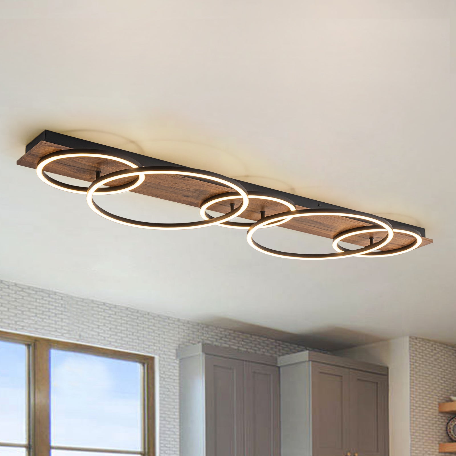 Glowlings 5-Light Farmhouse 49"Wide 2-Tier Round LED Circle Linear Wood Flush Mount Ceiling Light