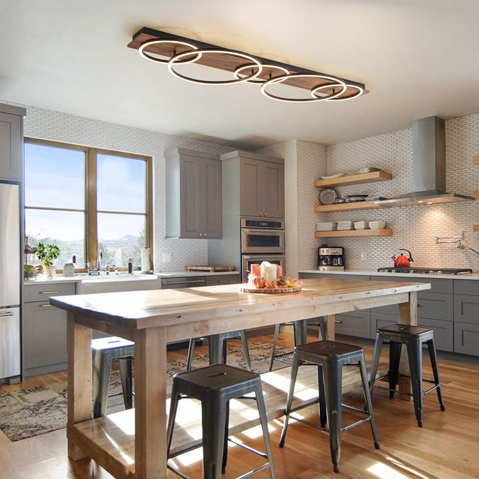 Glowlings 5-Light Farmhouse 49"Wide 2-Tier Round LED Circle Linear Wood Flush Mount Ceiling Light