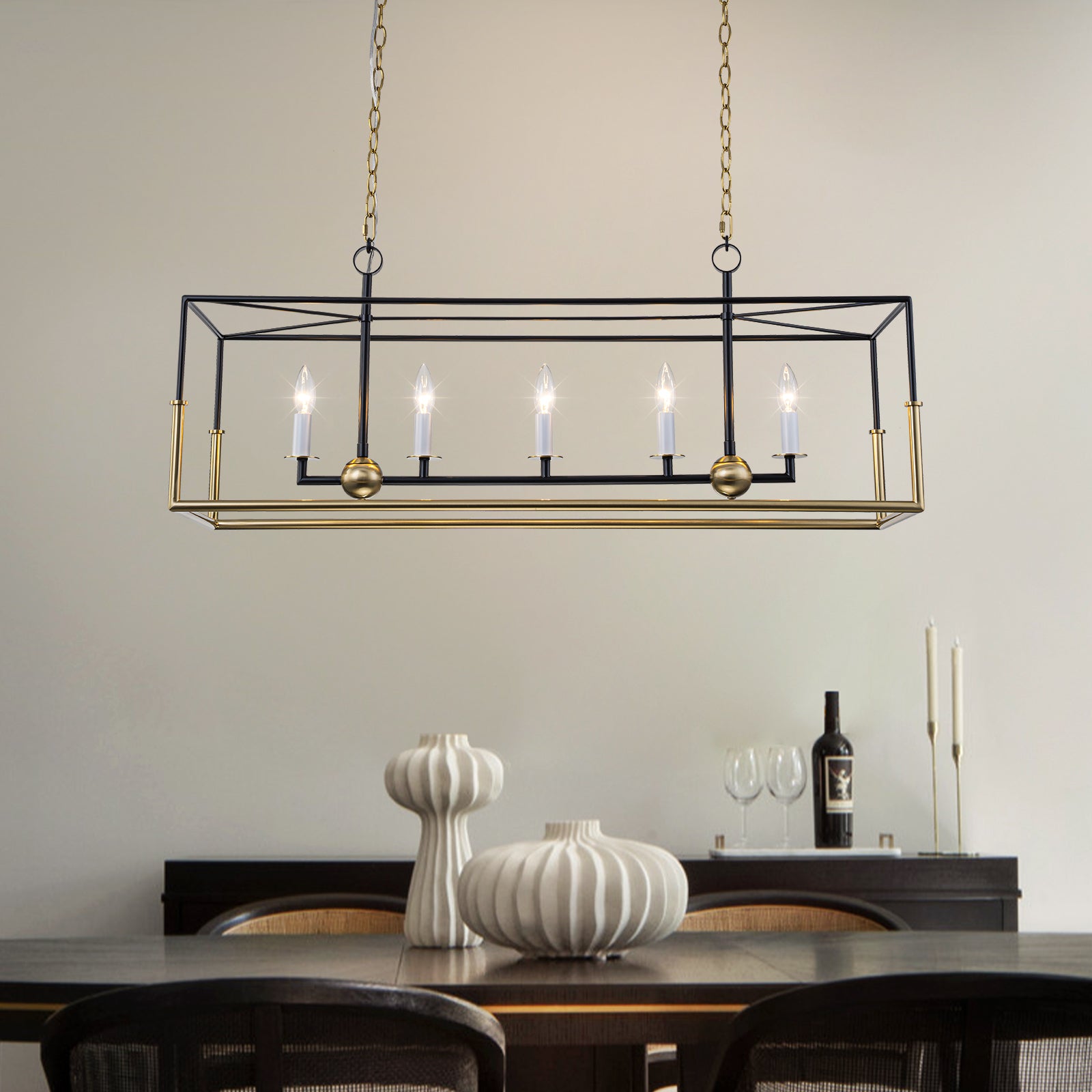 Glowlings 5-Light Modern 43"Wide Antiqued Brass and Black Large Rectangular Linear Chandelier