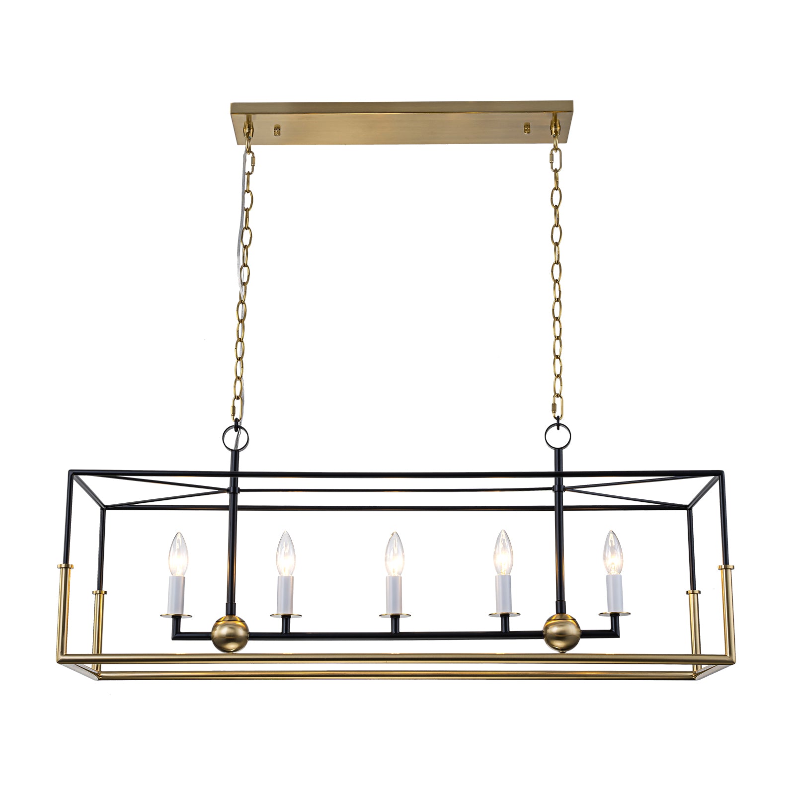 Glowlings 5-Light Modern 43"Wide Antiqued Brass and Black Large Rectangular Linear Chandelier