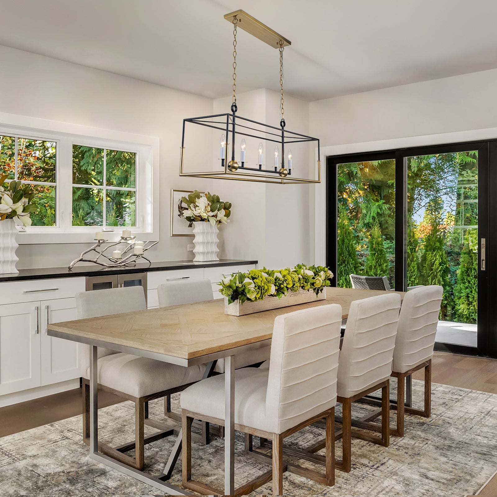 Glowlings 5-Light Modern 43"Wide Antiqued Brass and Black Large Rectangular Linear Chandelier